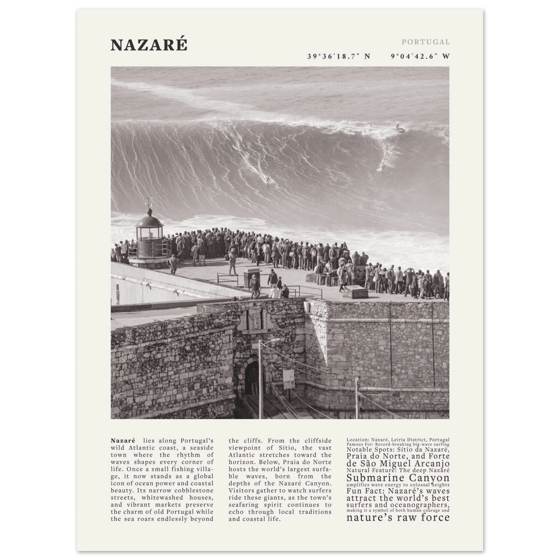 Nazaré Portugal Poster Black and White – Vintage Big Waves Surf Print (Digital & Printed Options) - Evergreen Posters