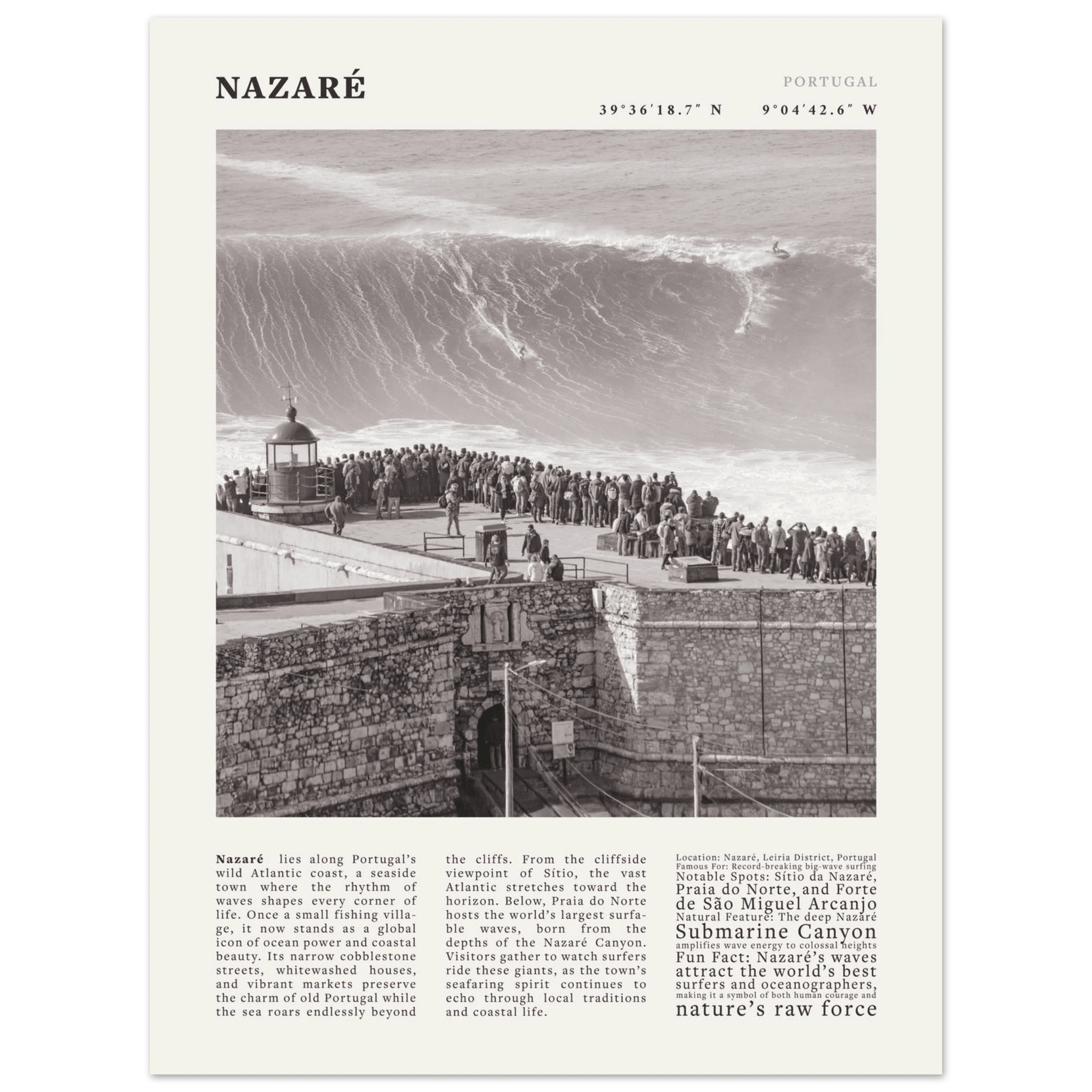 Nazaré Portugal Poster Black and White – Vintage Big Waves Surf Print (Digital & Printed Options) - Evergreen Posters