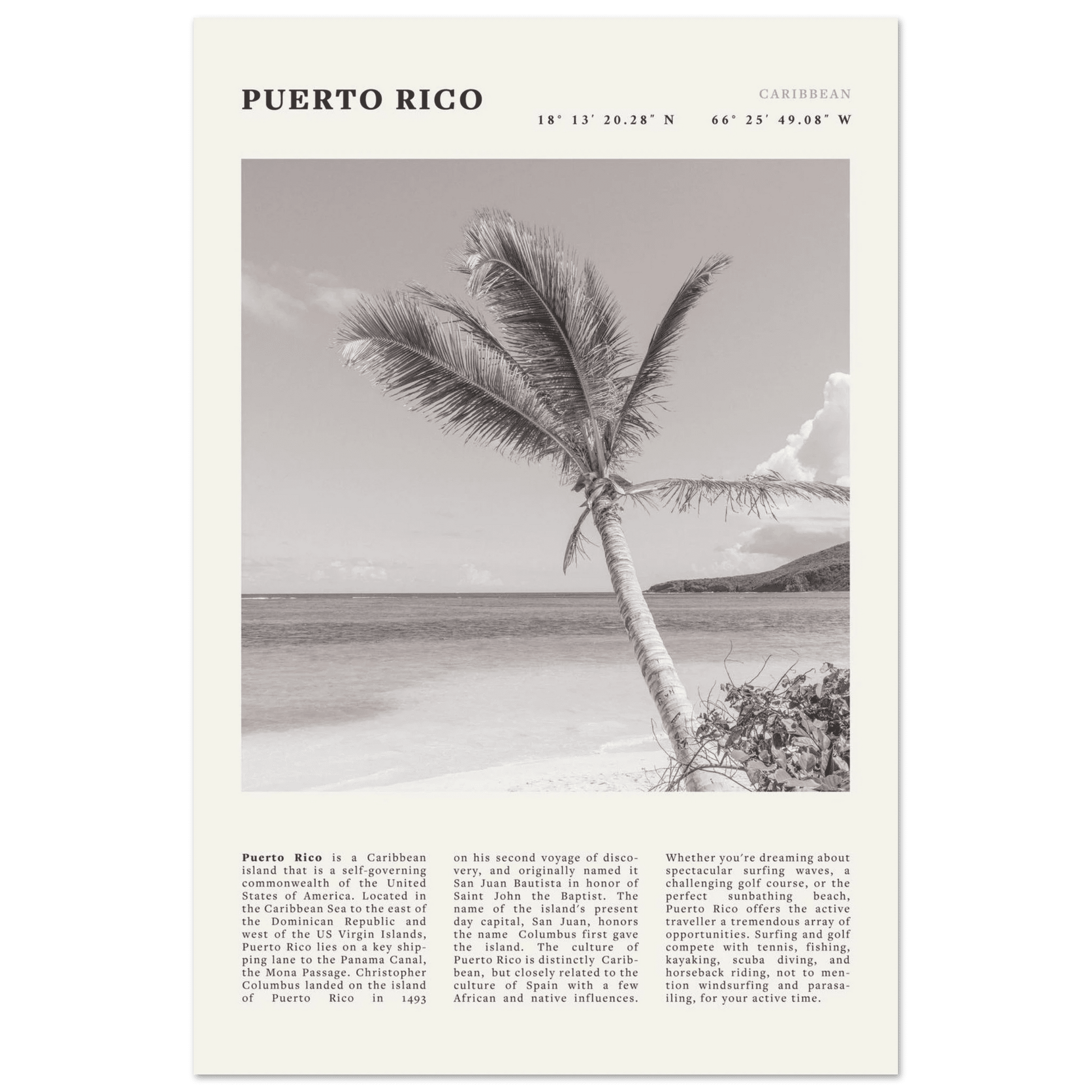 Puerto Rico Poster Black and White – Vintage Caribbean Palm Beach Print (Digital & Printed Options) - Evergreen Posters
