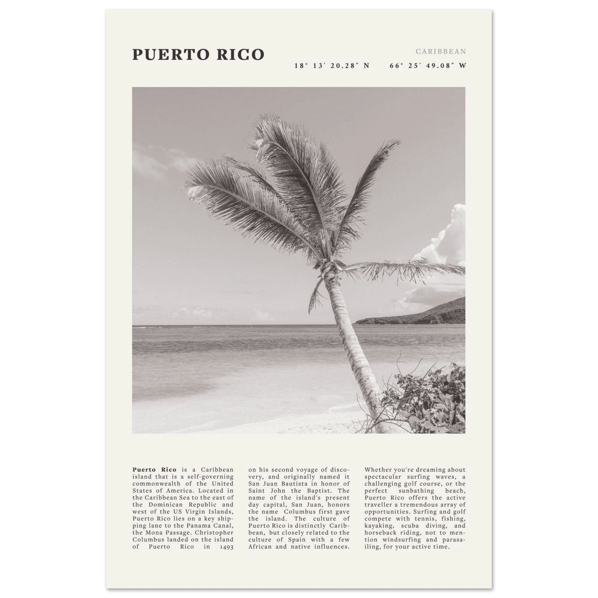 Puerto Rico Poster Black and White – Vintage Caribbean Palm Beach Print (Digital & Printed Options) - Evergreen Posters
