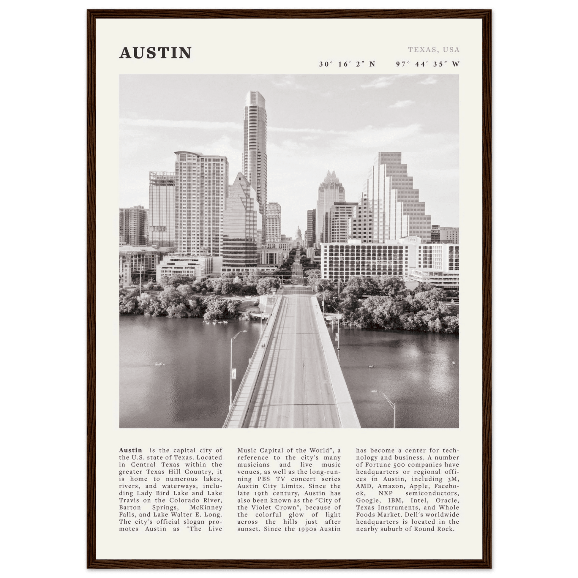 Austin Poster | Black & White Texas Skyline Wall Art | City Travel Print Decor - Evergreen Posters