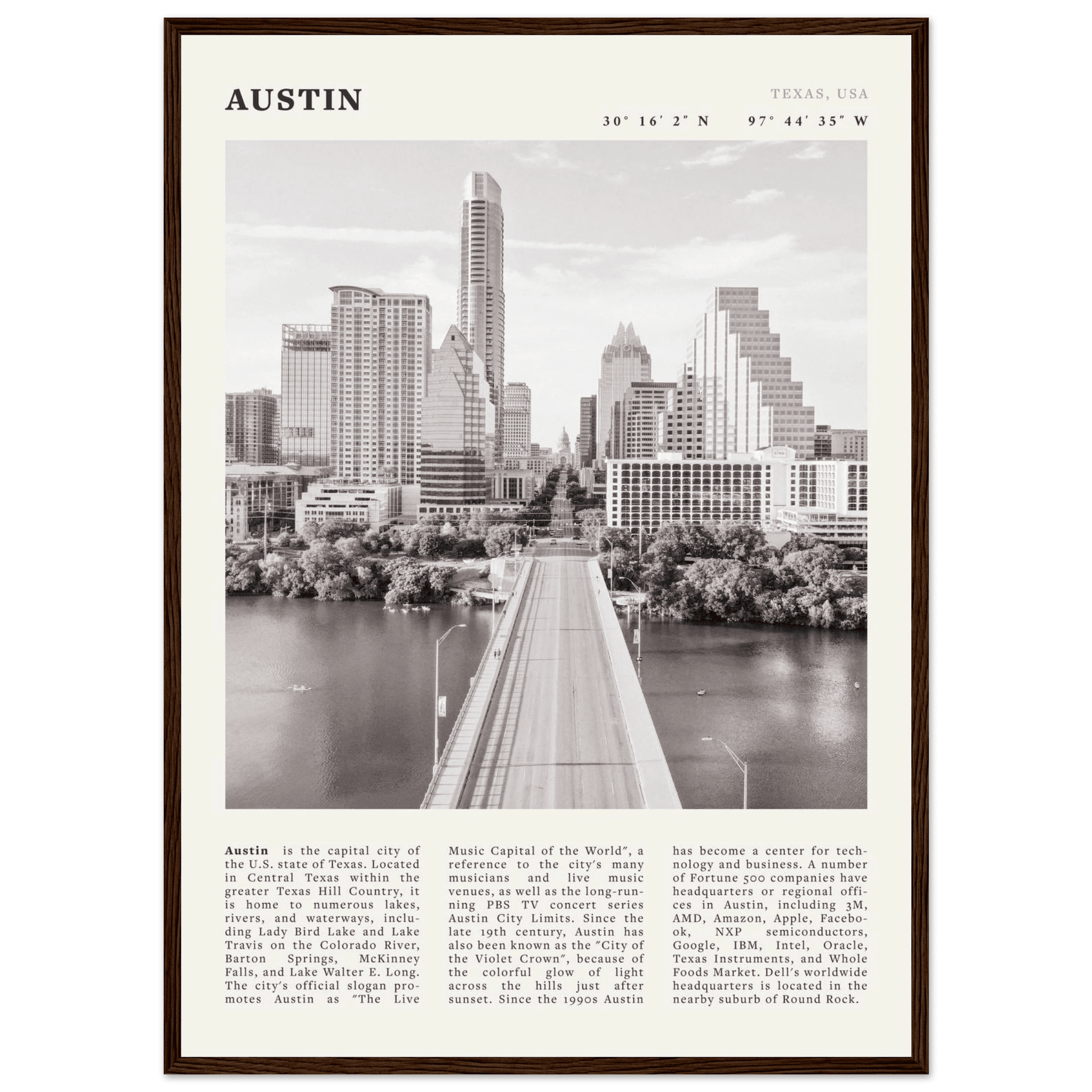 Austin Poster | Black & White Texas Skyline Wall Art | City Travel Print Decor - Evergreen Posters