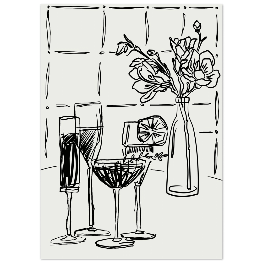 Cocktails & Flowers Print | Black Line Art Drinks Wall Art | Kitchen Bar Poster - Evergreen Posters