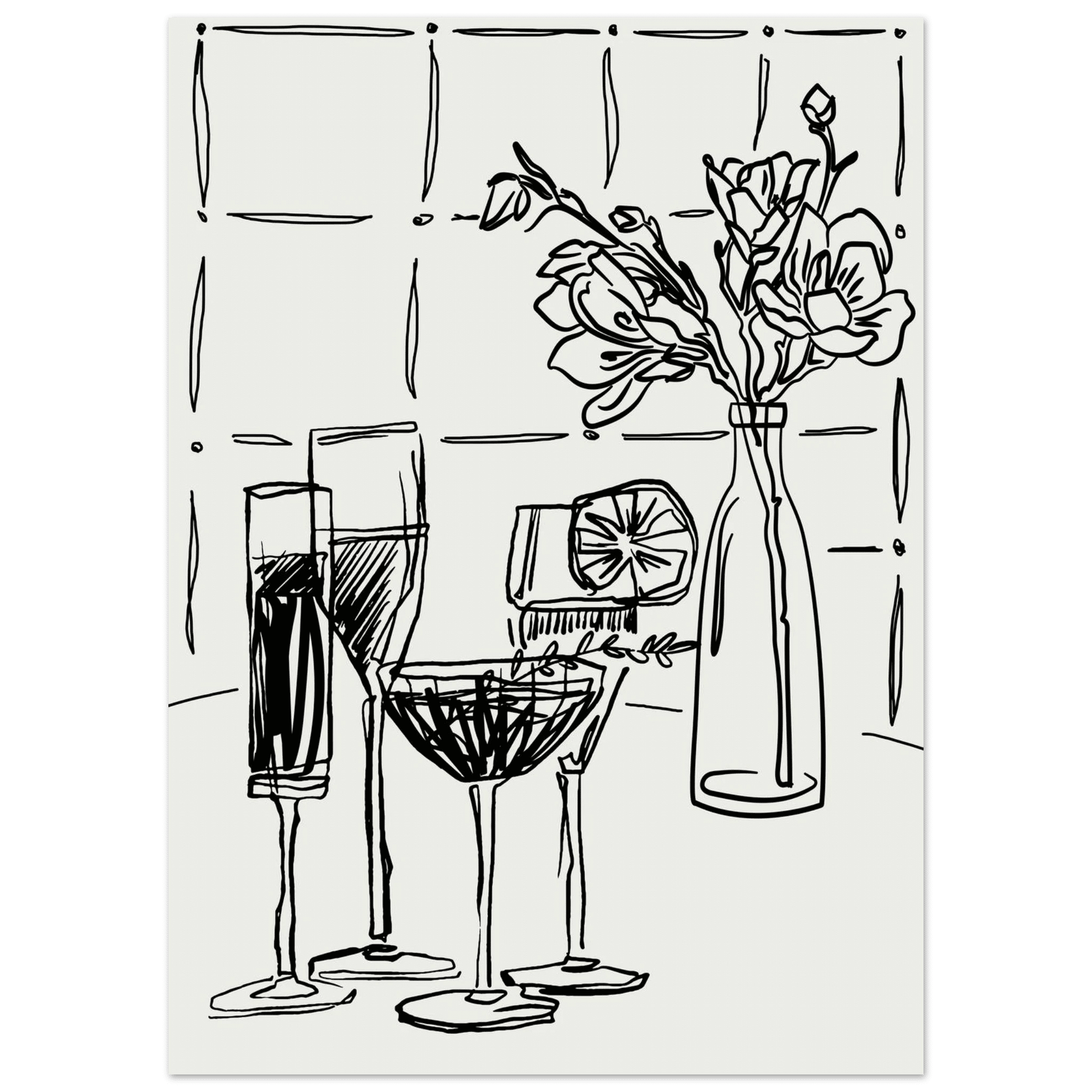 Cocktails & Flowers Print | Black Line Art Drinks Wall Art | Kitchen Bar Poster - Evergreen Posters