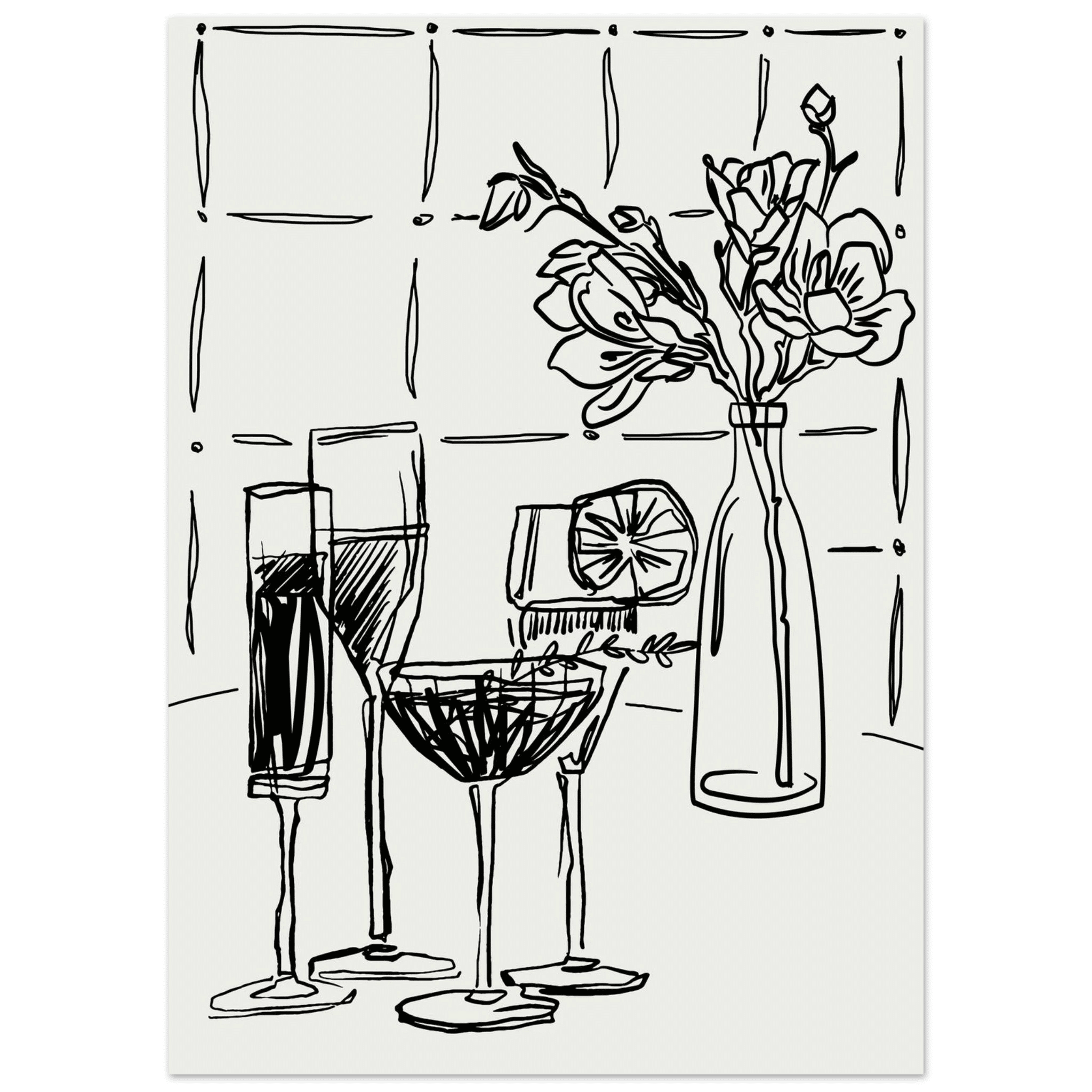 Cocktails & Flowers Print | Black Line Art Drinks Wall Art | Kitchen Bar Poster - Evergreen Posters