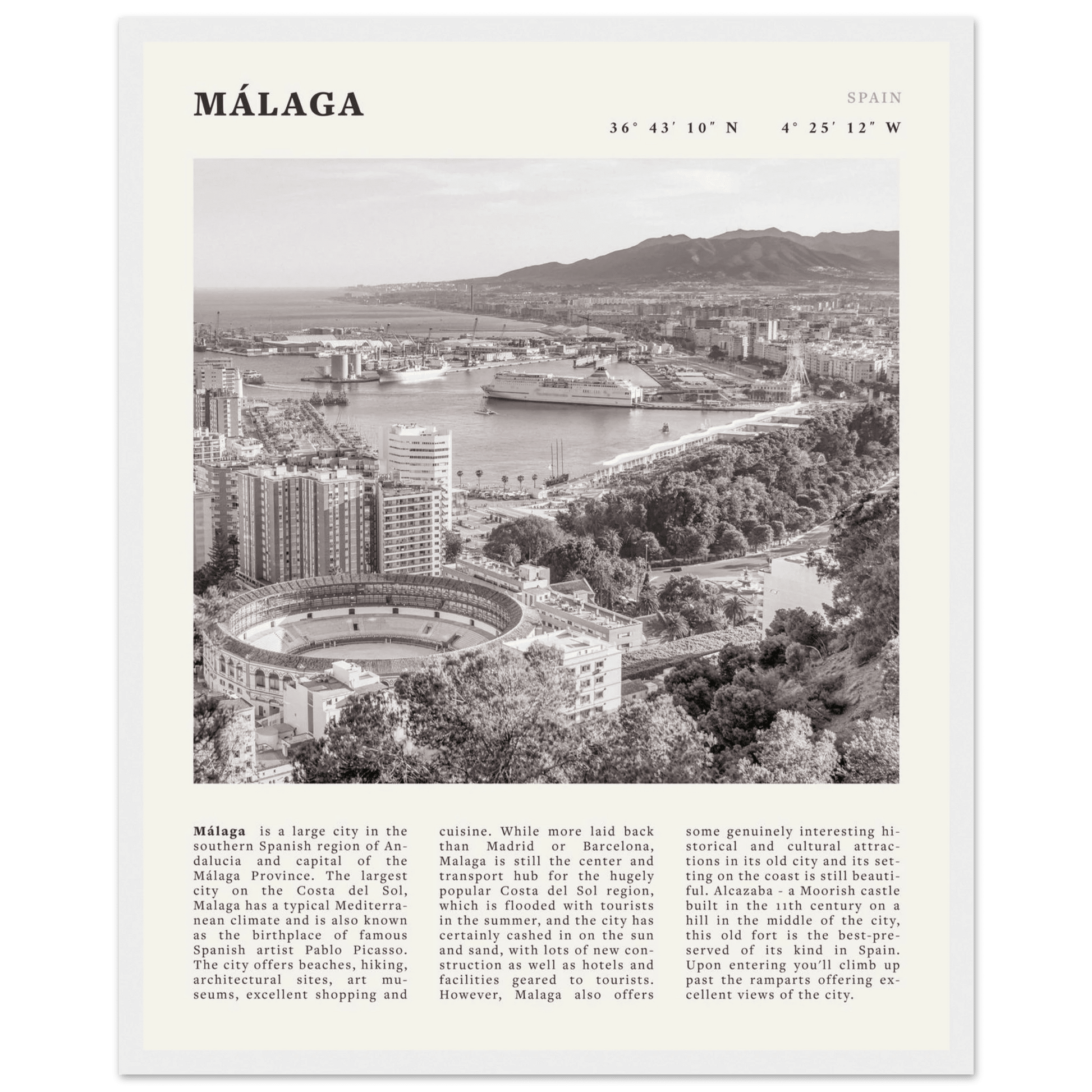 Málaga Poster | Black & White Costa del Sol Wall Art | Spain Travel Print - Evergreen Posters
