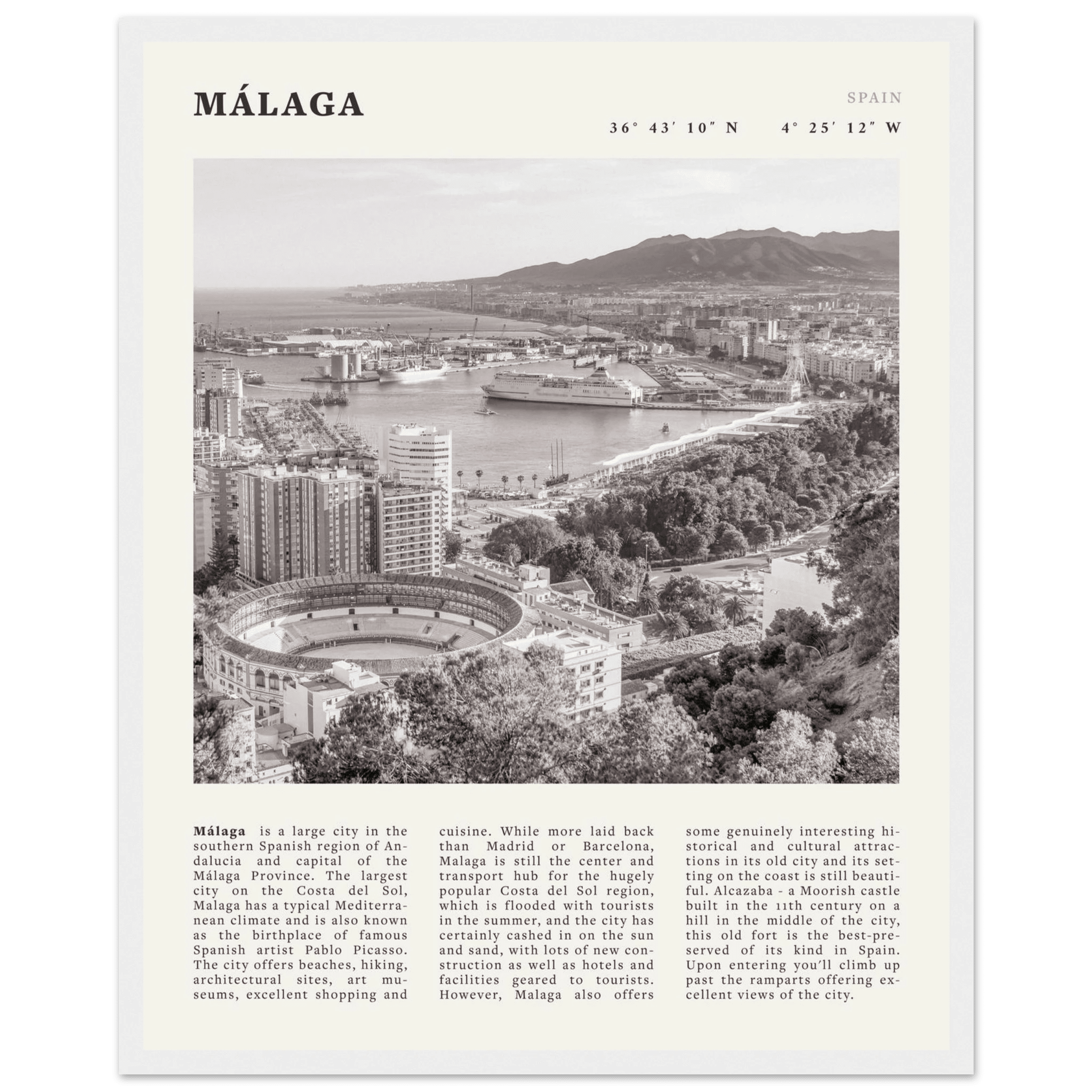 Málaga Poster | Black & White Costa del Sol Wall Art | Spain Travel Print - Evergreen Posters