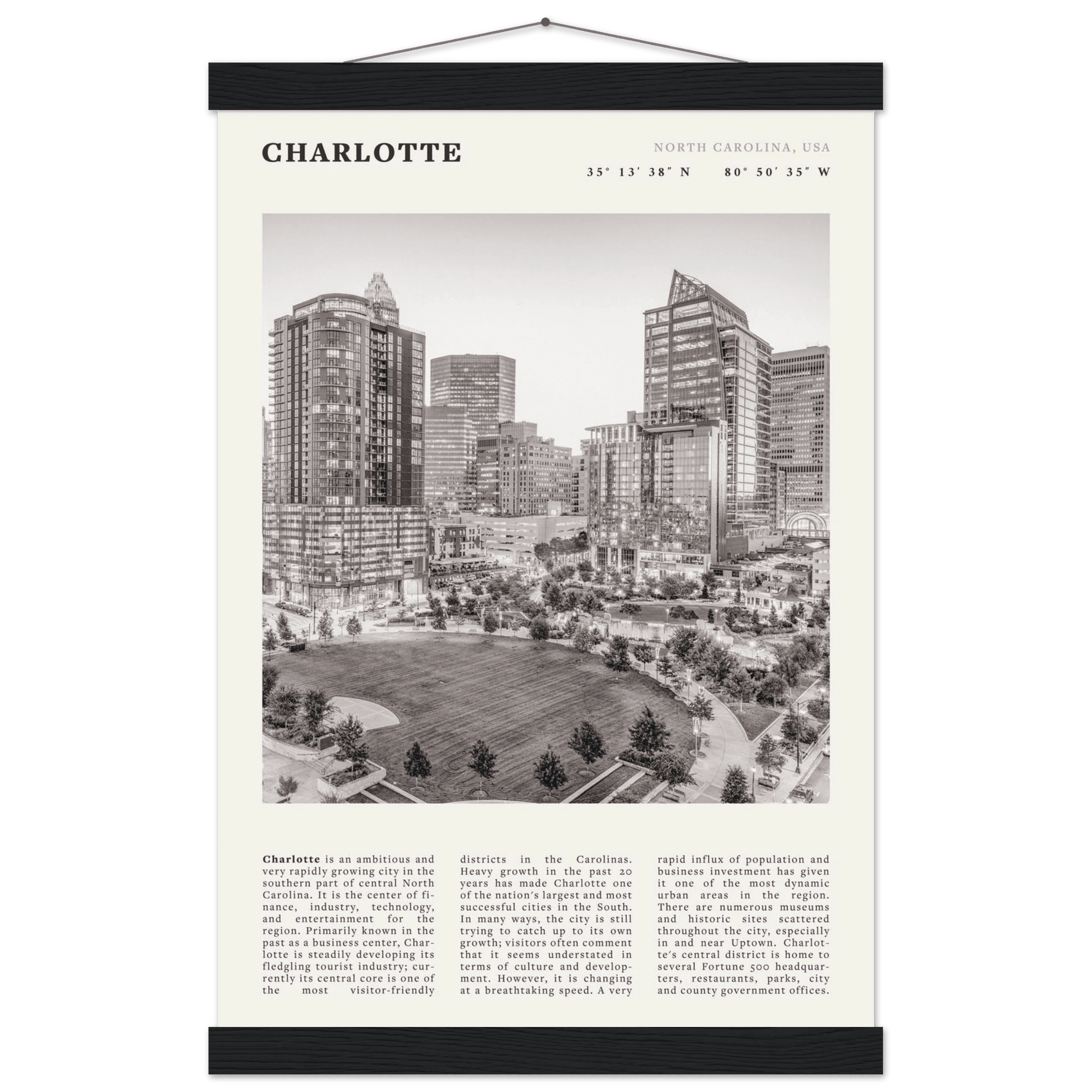 Charlotte Poster | Black & White North Carolina Skyline Wall Art | NC Travel Print - Evergreen Posters