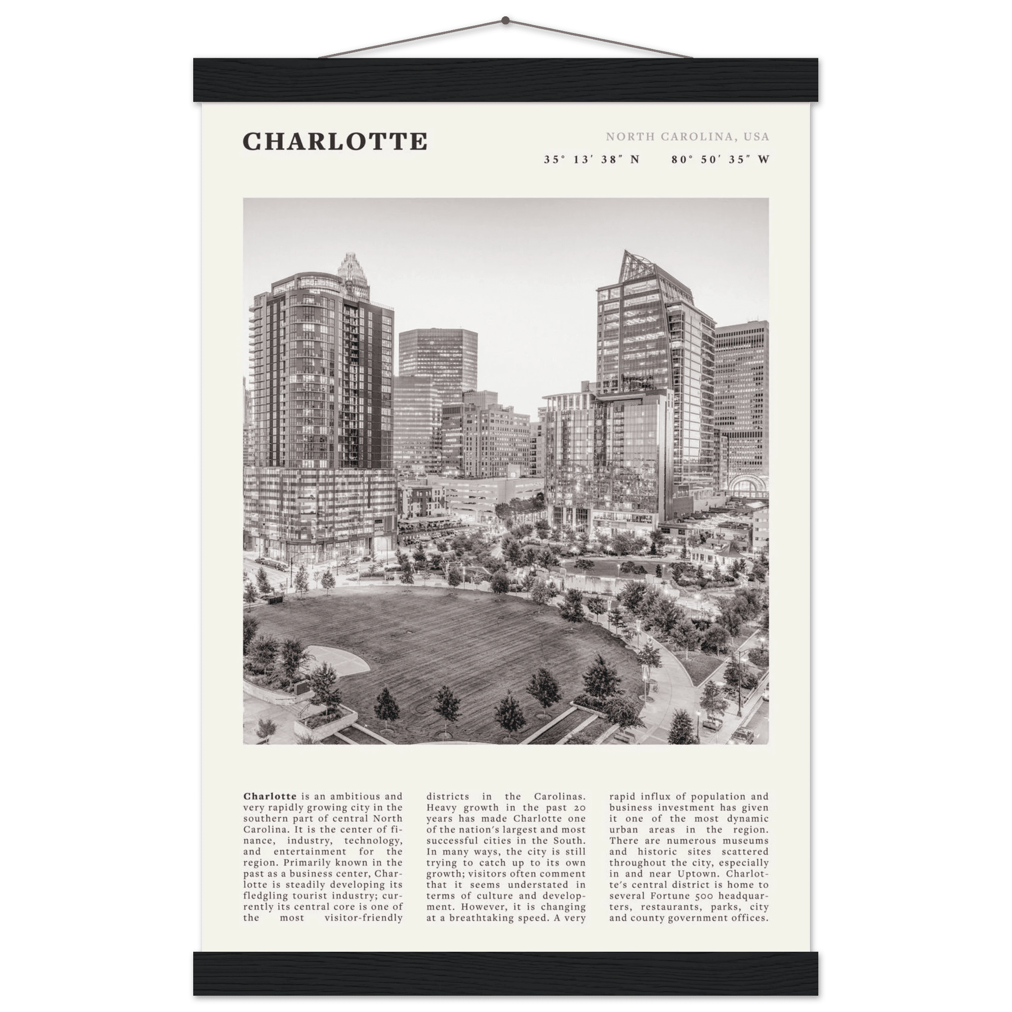 Charlotte Poster | Black & White North Carolina Skyline Wall Art | NC Travel Print - Evergreen Posters