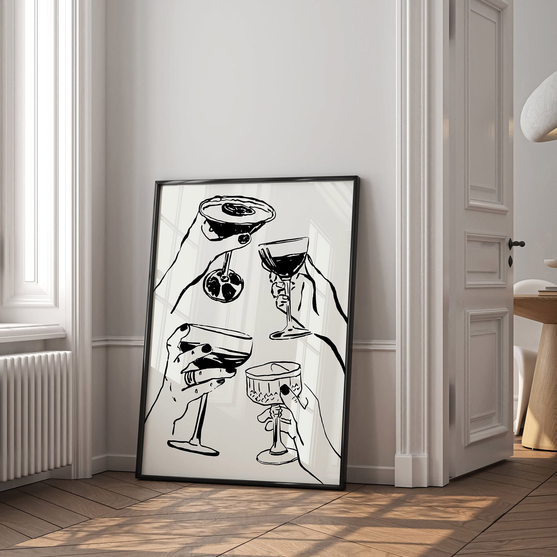 Cheers Print | Black Line Art Cocktail Glasses Wall Art | Kitchen Bar Poster - Evergreen Posters