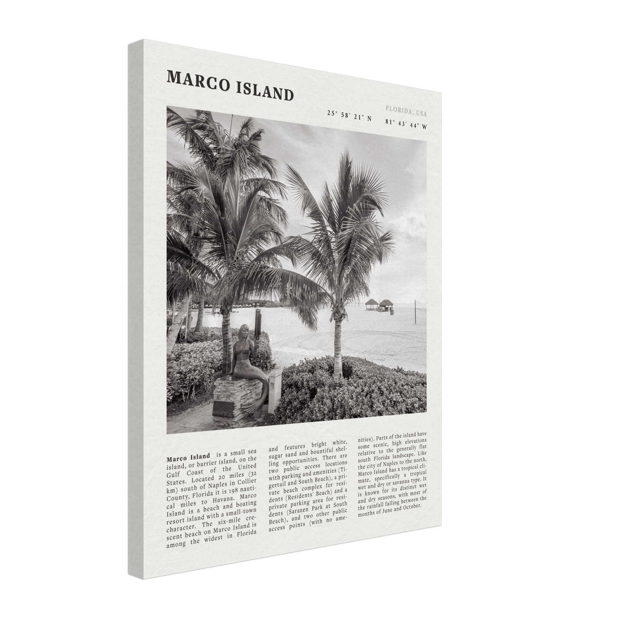 Marco Island Poster | Black & White Florida Beach Wall Art | Coastal Travel Print - Evergreen Posters