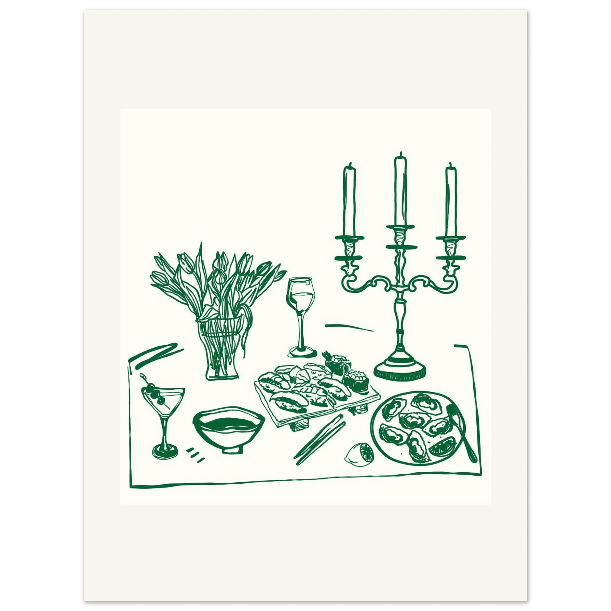 Fine Dining Table Print | Green Line Art Kitchen Wall Art | Elegant Dining Room Poster - Evergreen Posters