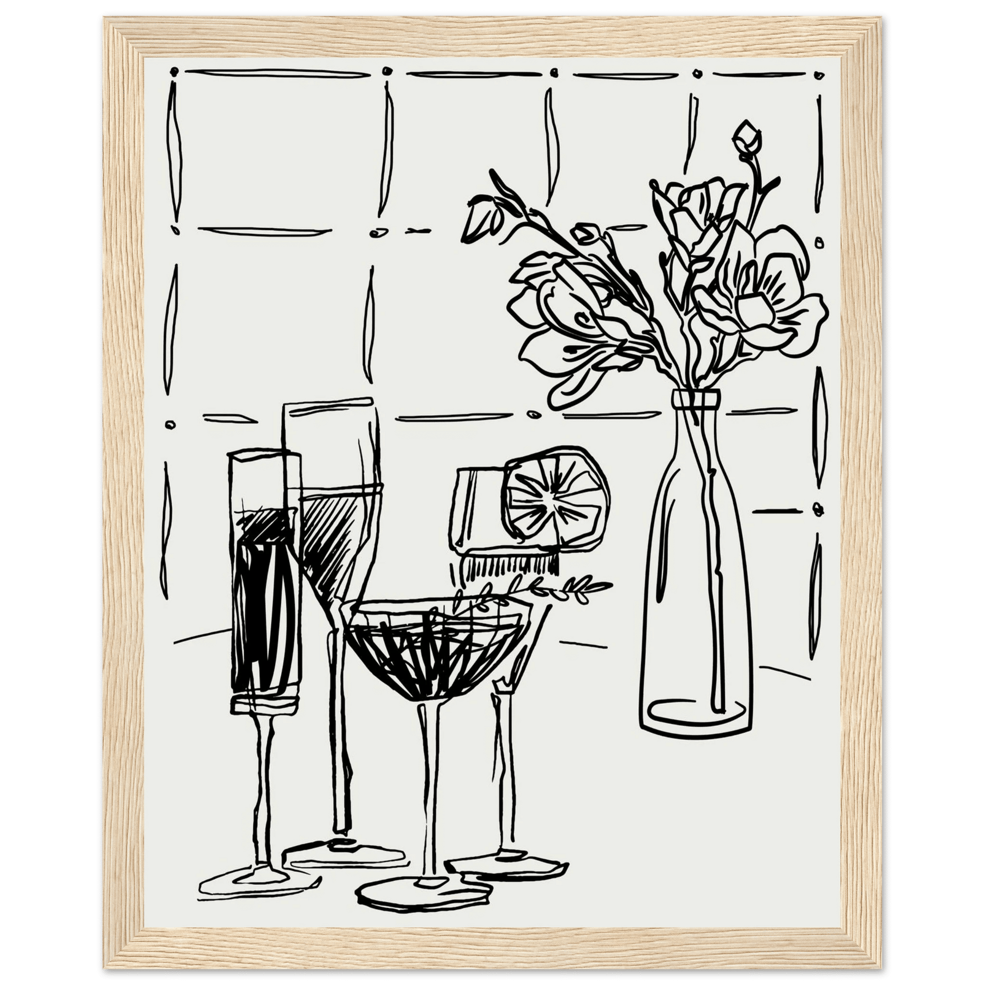 Cocktails & Flowers Print | Black Line Art Drinks Wall Art | Kitchen Bar Poster - Evergreen Posters
