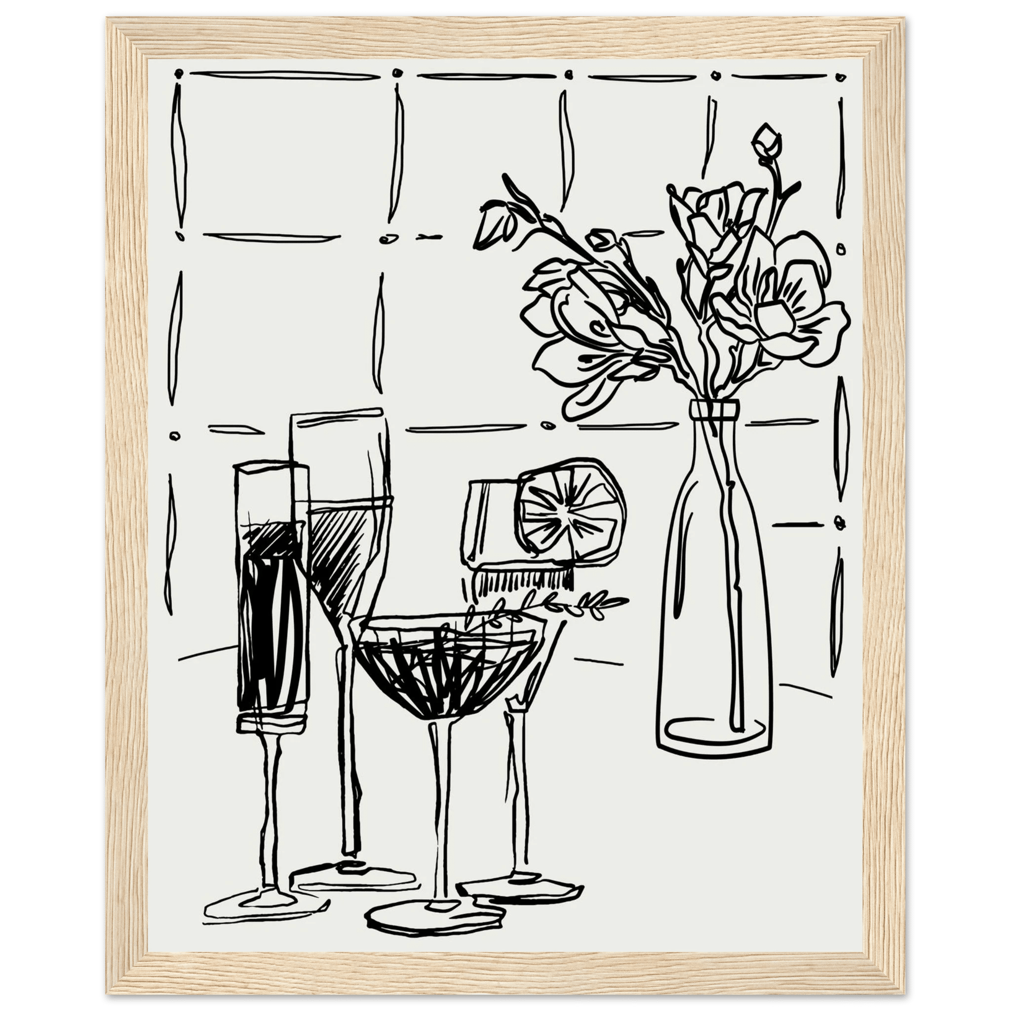 Cocktails & Flowers Print | Black Line Art Drinks Wall Art | Kitchen Bar Poster - Evergreen Posters