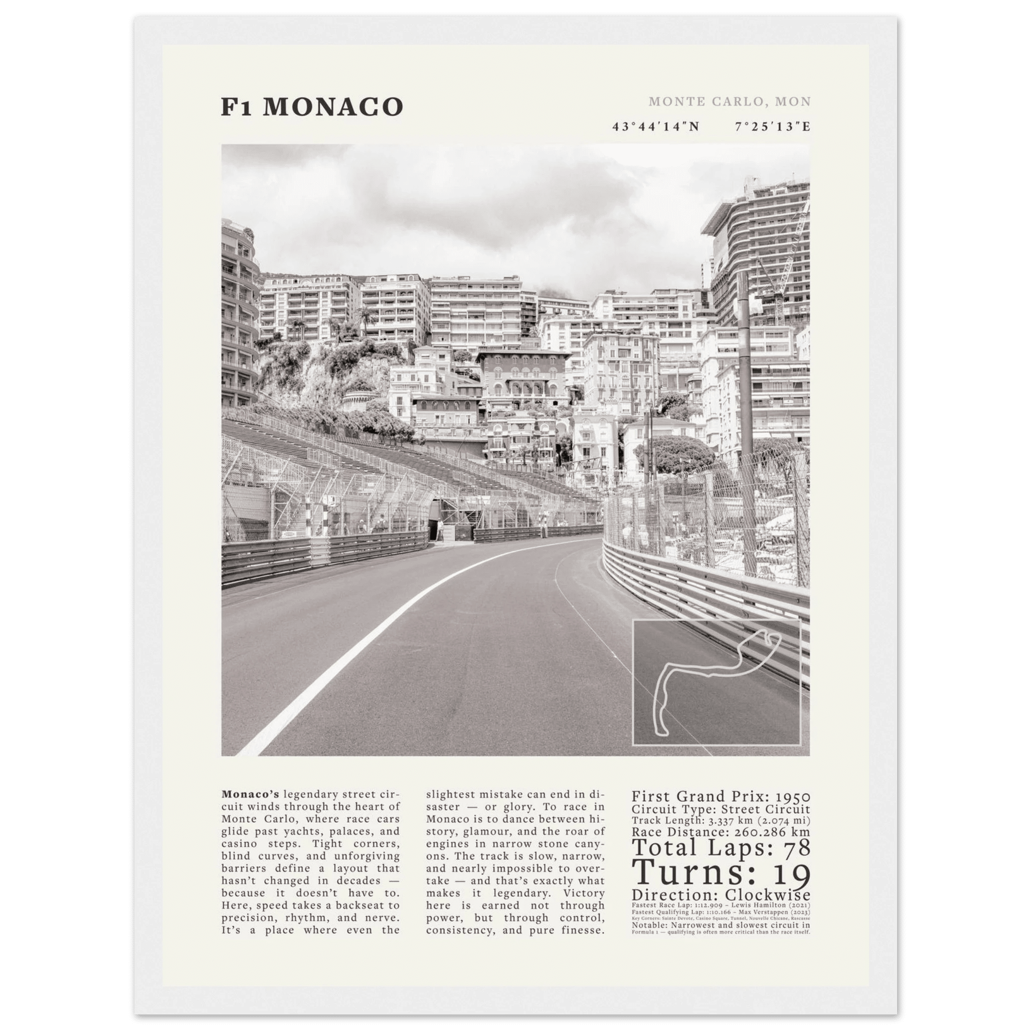 F1 Monaco Poster Black and White – Vintage Monte Carlo Street Circuit Print (Digital & Printed Options) - Evergreen Posters