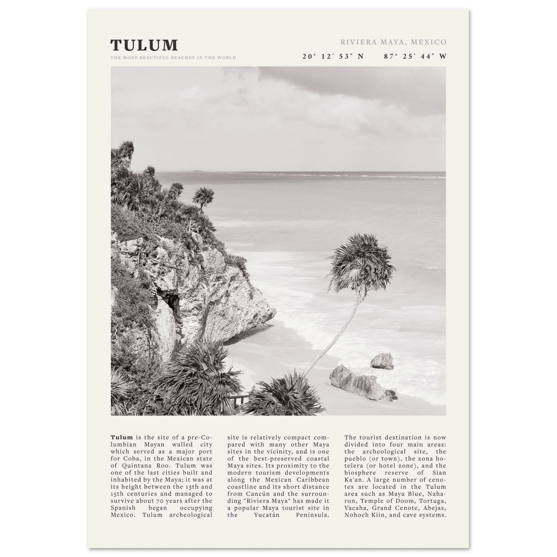 Tulum Poster | Black & White Riviera Maya Mexico Wall Art | Beach Travel Print - Evergreen Posters
