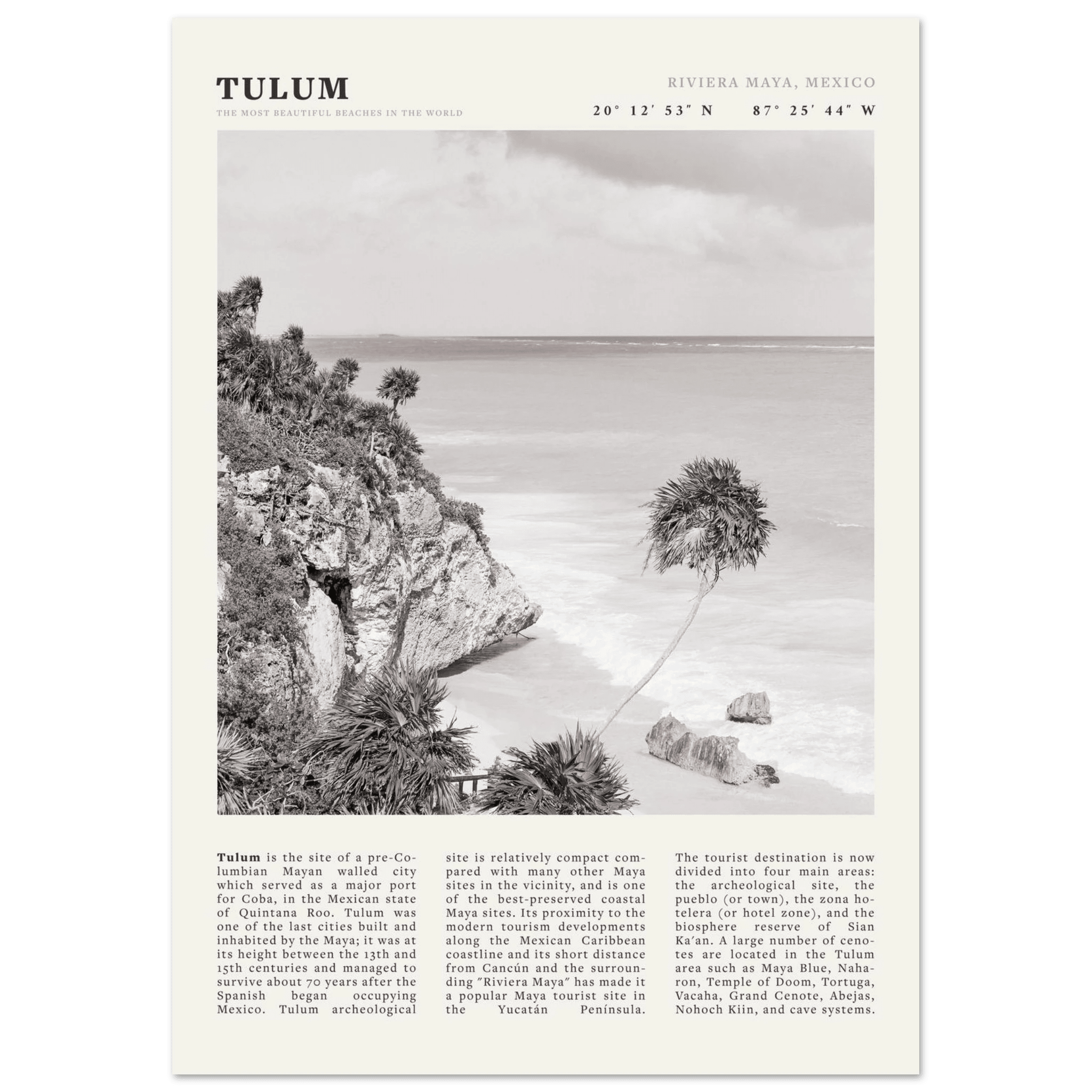 Tulum Poster | Black & White Riviera Maya Mexico Wall Art | Beach Travel Print - Evergreen Posters