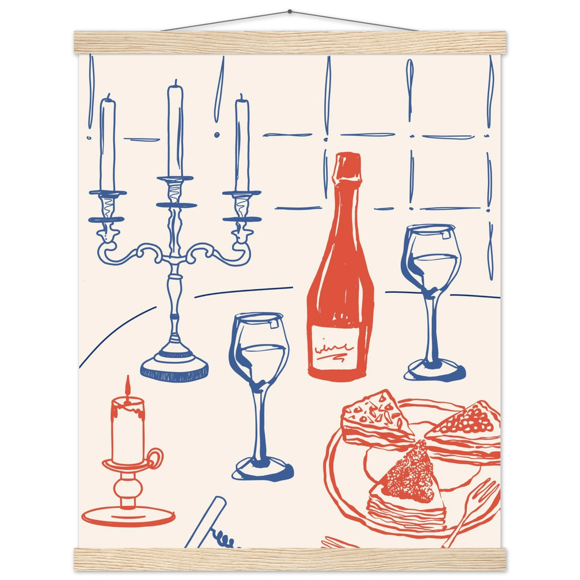 Candlelight Dinner Print | Wine & Candelabra Line Art Wall Art | Kitchen Poster - Evergreen Posters