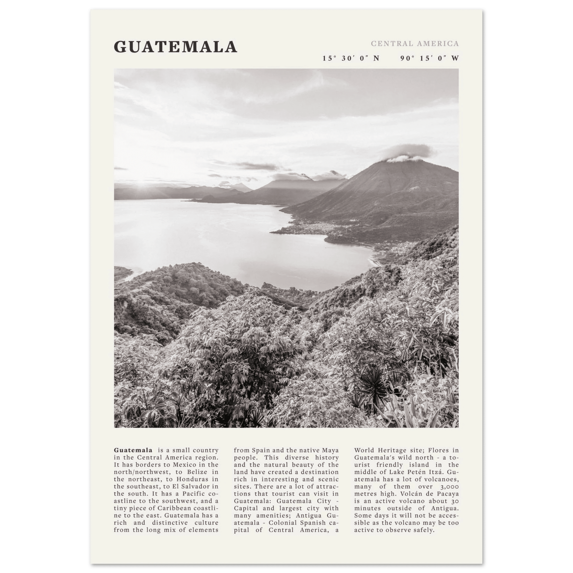 Guatemala Poster | Black & White Lake Atitlan Wall Art | Central America Travel Print - Evergreen Posters