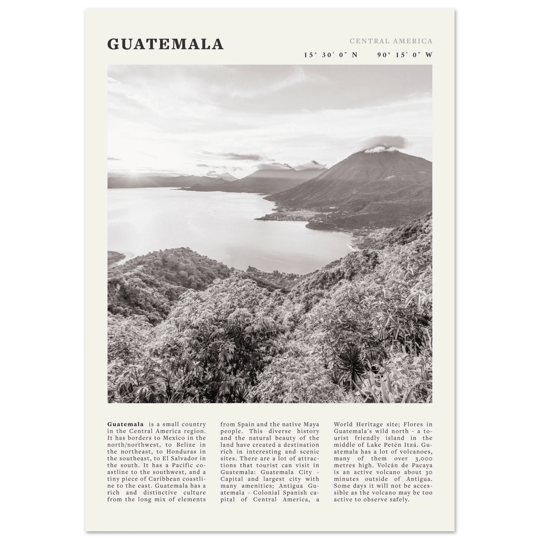 Guatemala Poster | Black & White Lake Atitlan Wall Art | Central America Travel Print - Evergreen Posters
