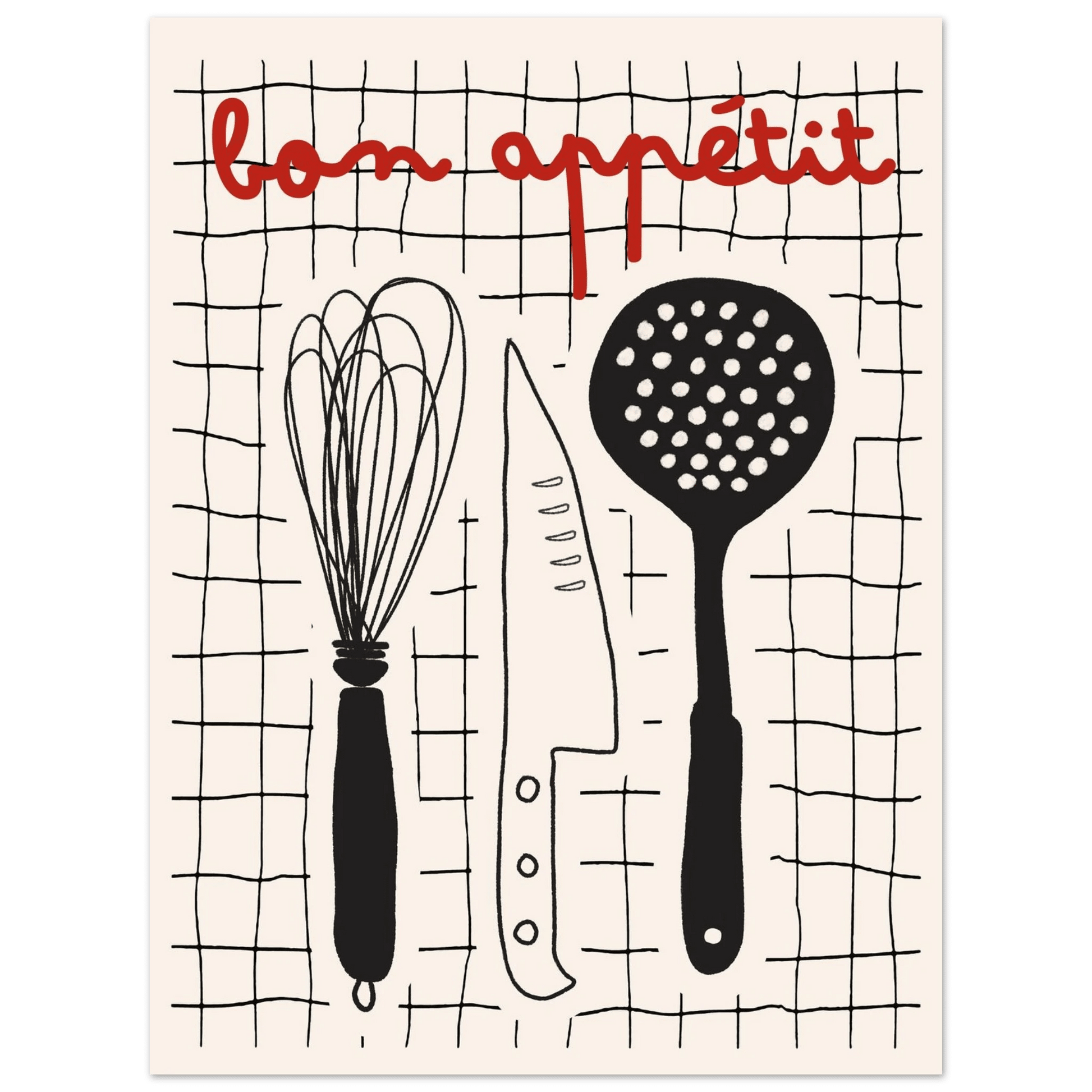 Bon Appétit French Kitchen Print | Bold Black Red Wall Art Poster - Evergreen Posters