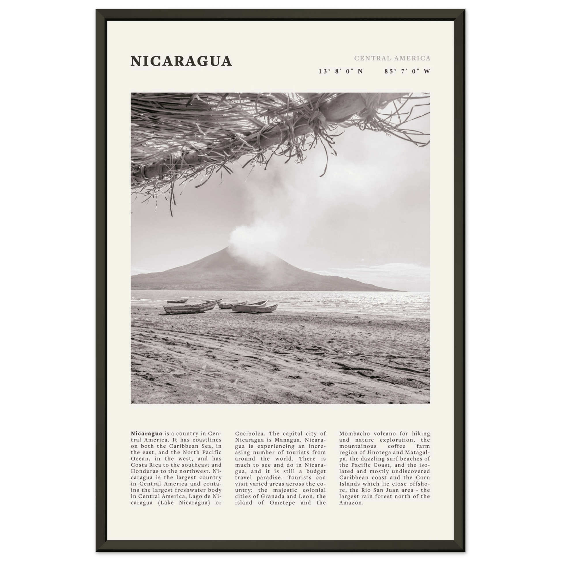 Nicaragua Poster | Black & White Volcano Wall Art | Central America Travel Print - Evergreen Posters