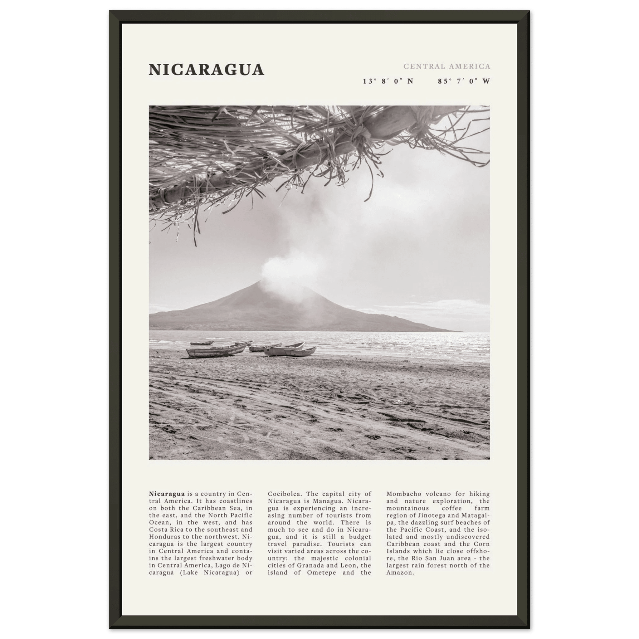 Nicaragua Poster | Black & White Volcano Wall Art | Central America Travel Print - Evergreen Posters
