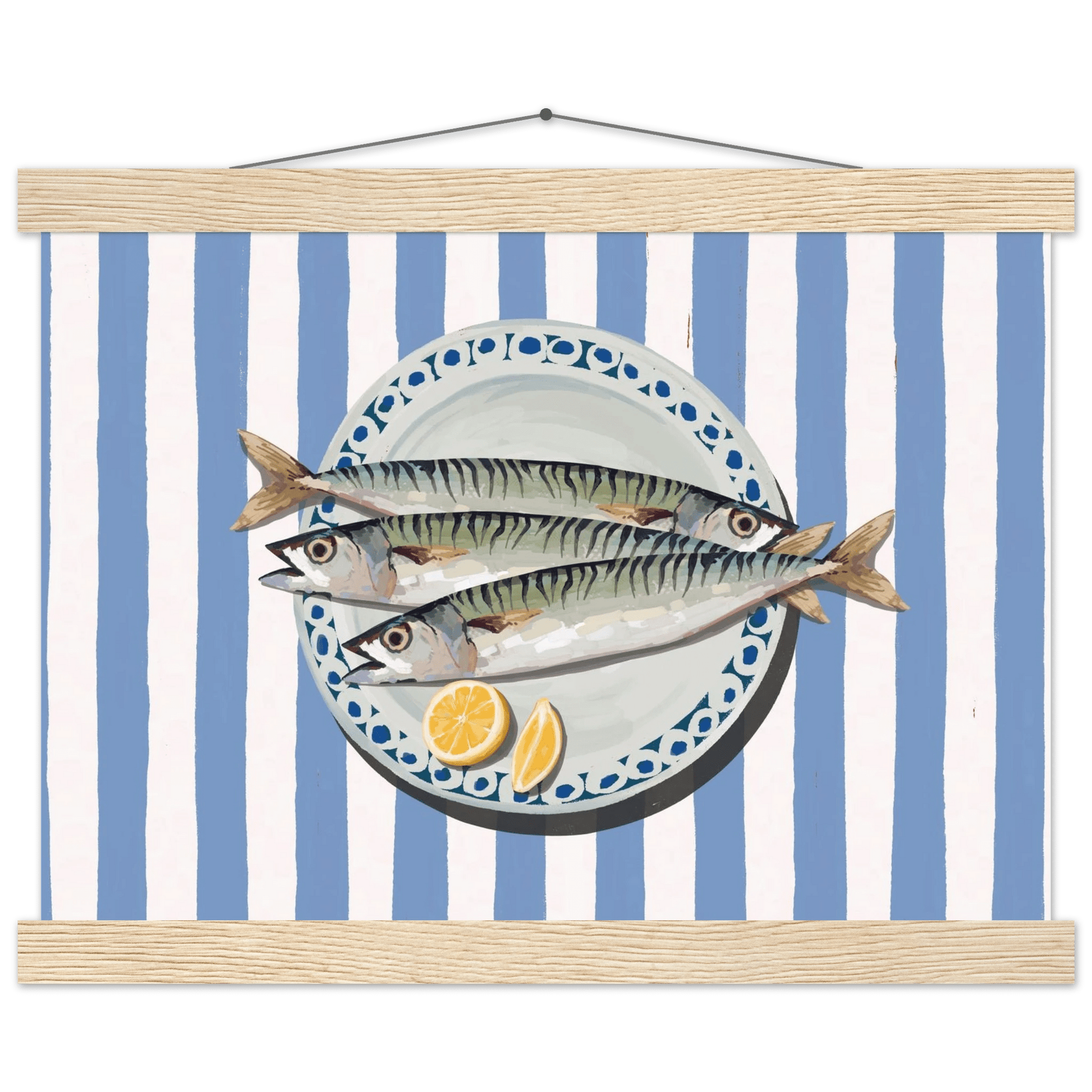 Sardines Print | Blue Stripe Fish Kitchen Wall Art | Coastal Food Poster - Evergreen Posters