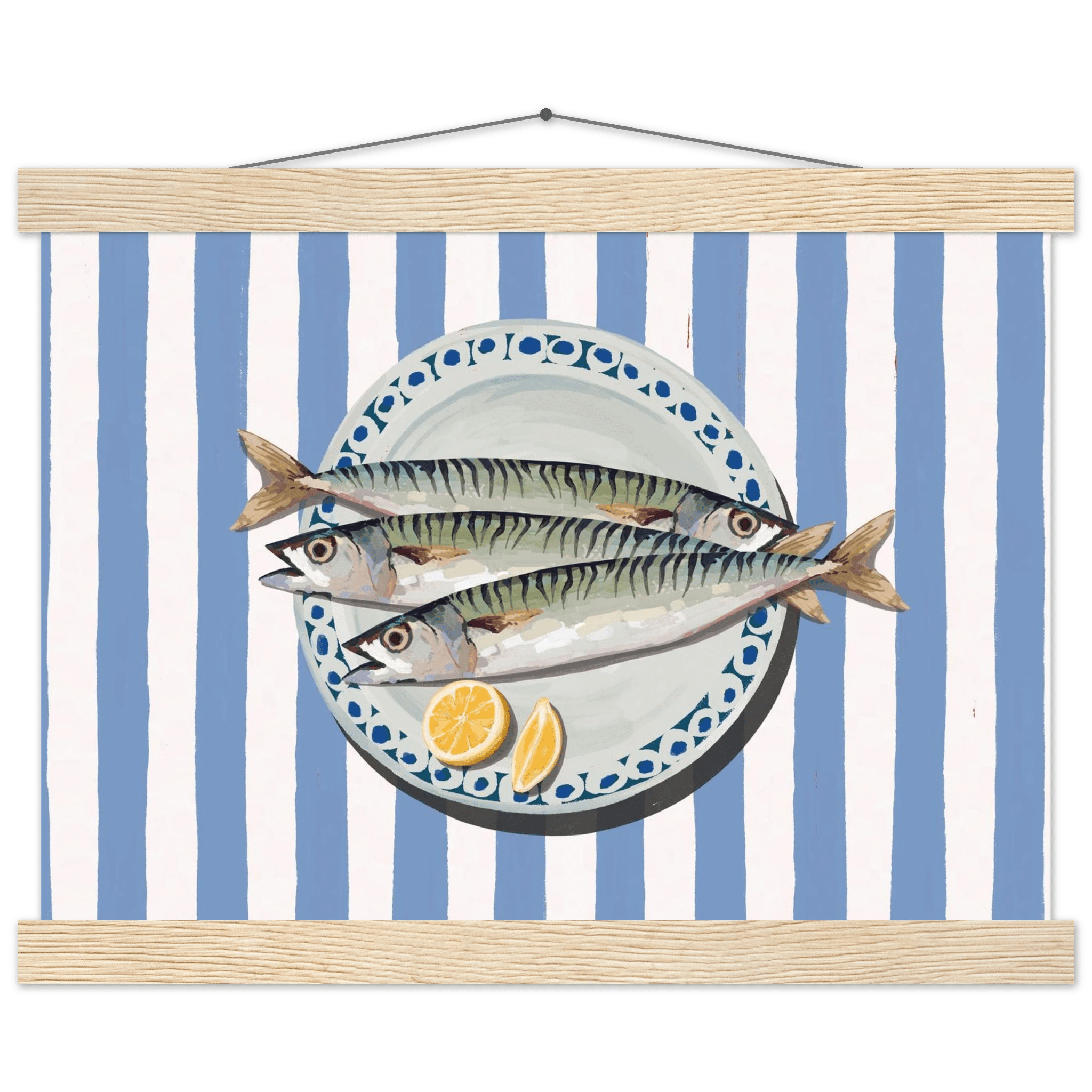 Sardines Print | Blue Stripe Fish Kitchen Wall Art | Coastal Food Poster - Evergreen Posters