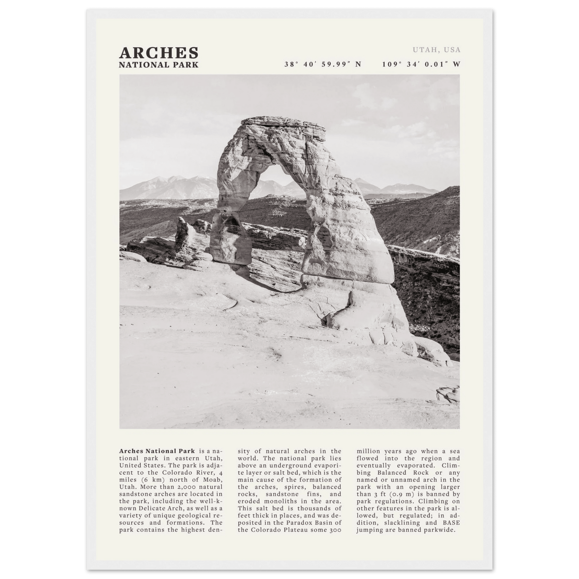 Arches National Park Poster | Black & White Utah Wall Art | Delicate Arch Print - Evergreen Posters