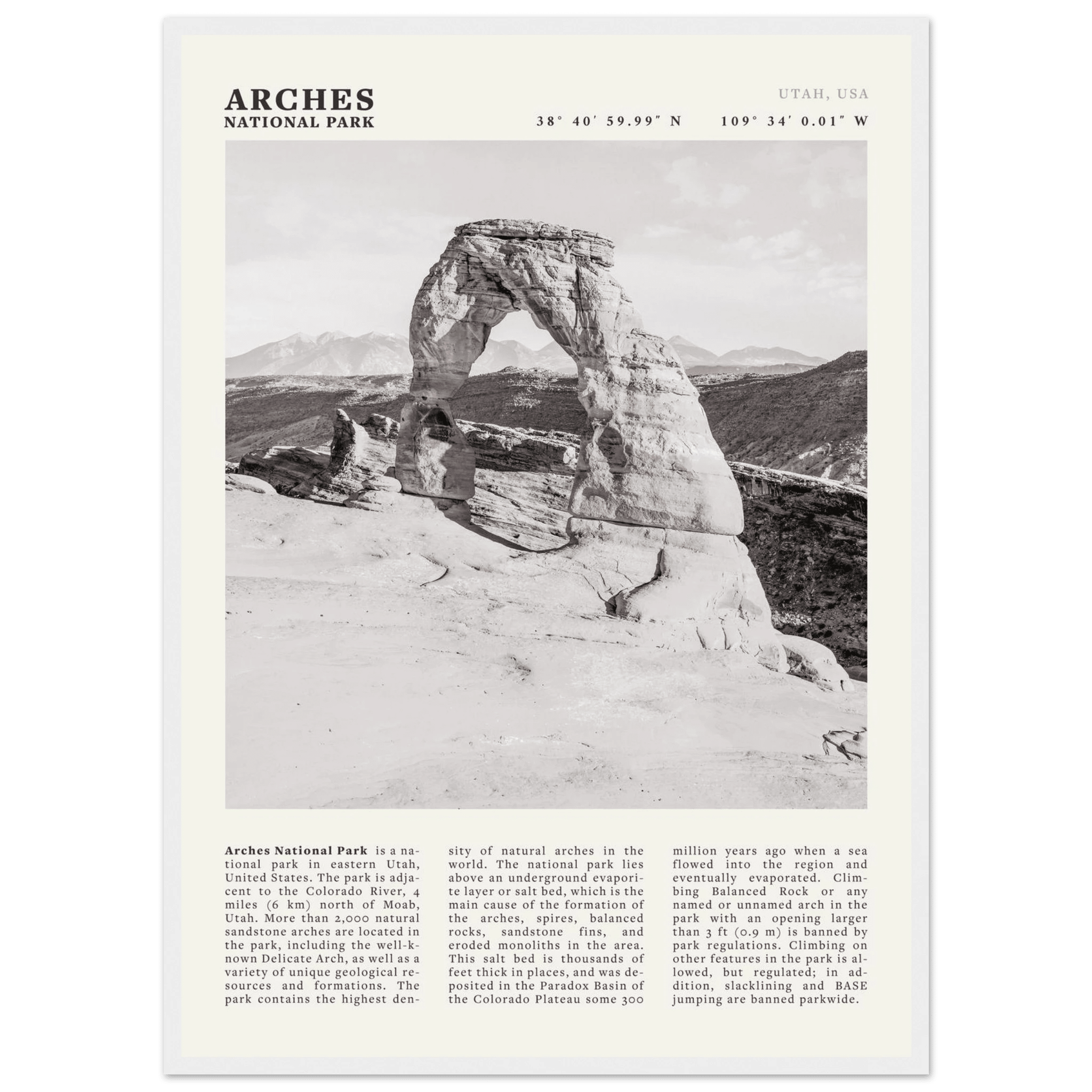 Arches National Park Poster | Black & White Utah Wall Art | Delicate Arch Print - Evergreen Posters