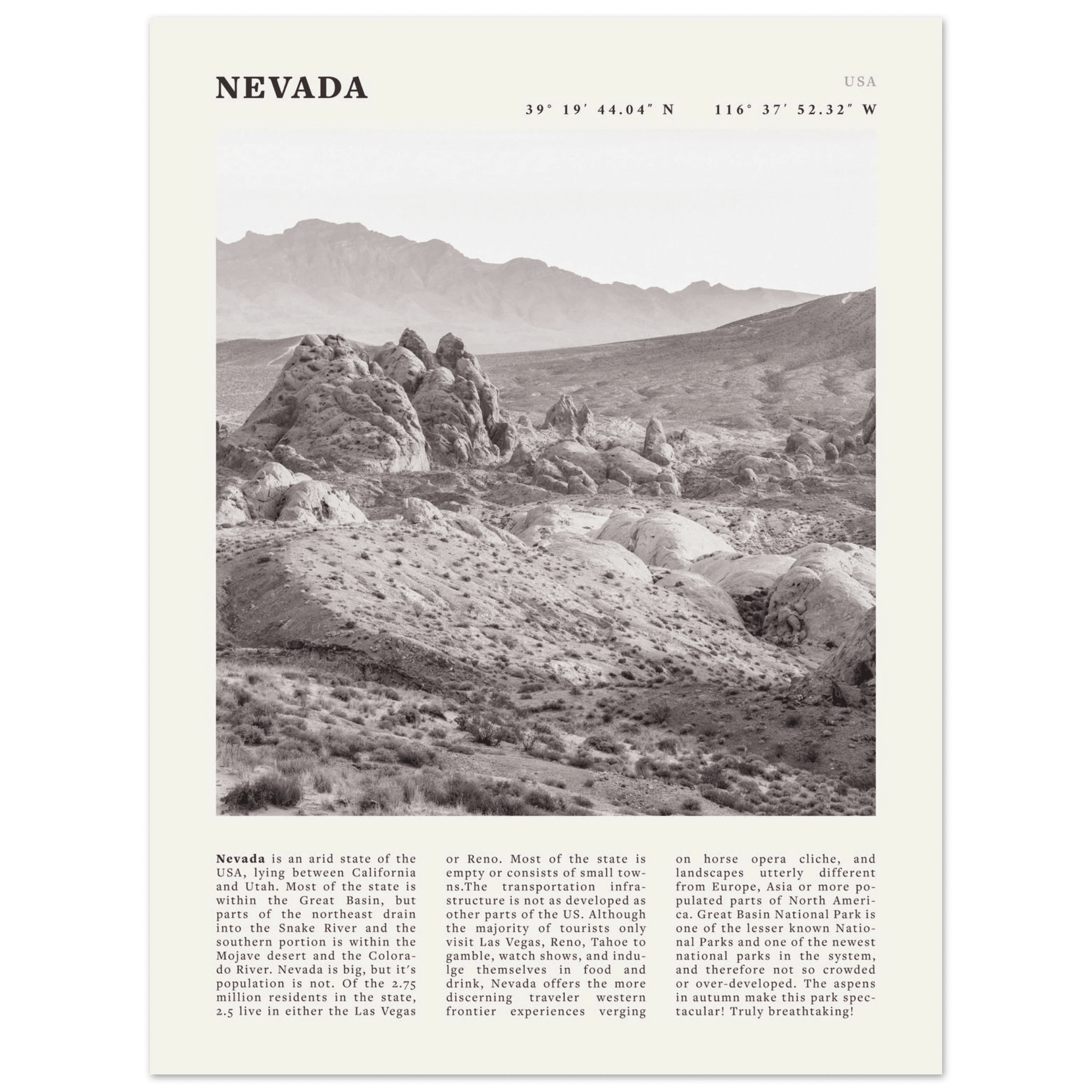 Nevada Poster | Black & White Desert Landscape Wall Art | USA Travel Print Decor - Evergreen Posters