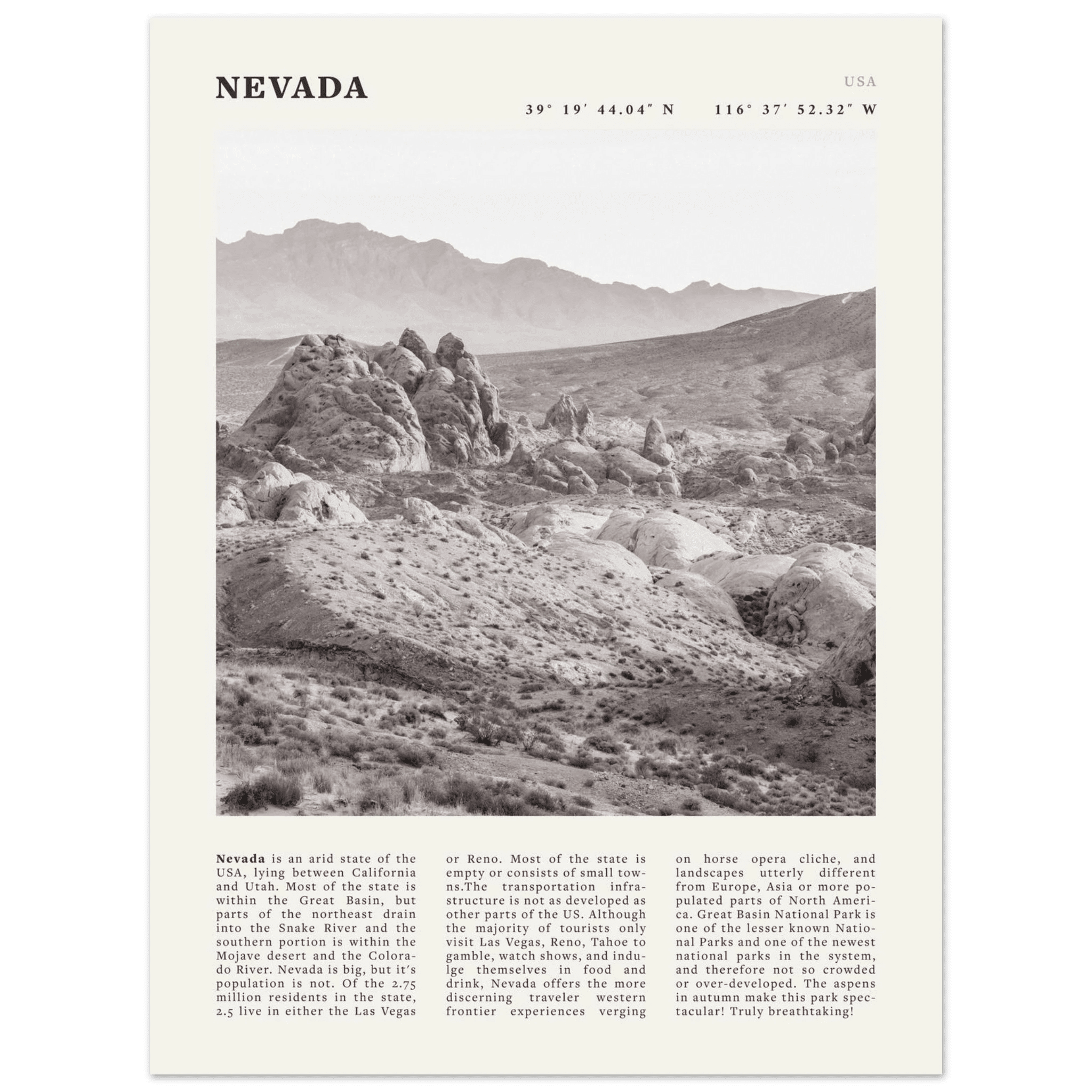 Nevada Poster | Black & White Desert Landscape Wall Art | USA Travel Print Decor - Evergreen Posters