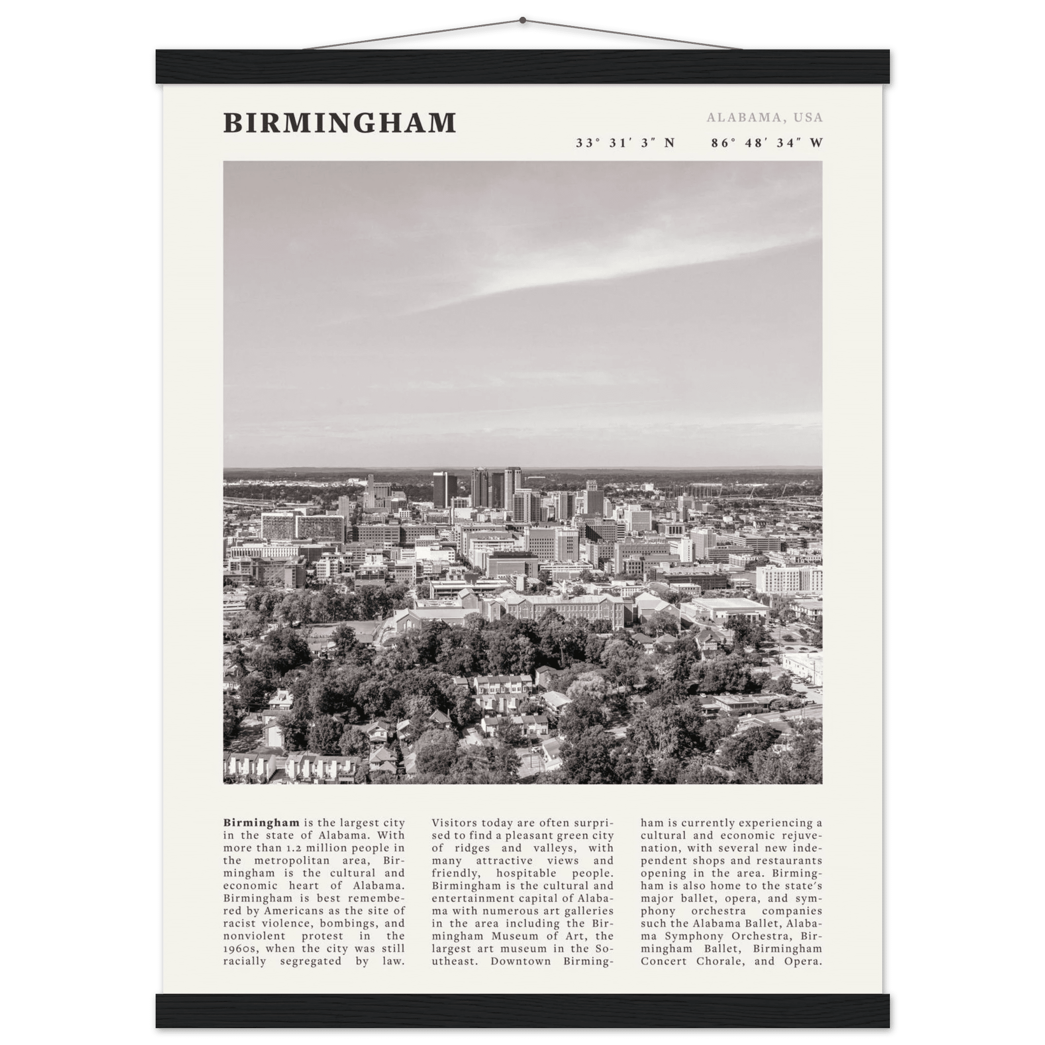 Birmingham Poster | Black & White Alabama Skyline Wall Art | AL Travel Print - Evergreen Posters