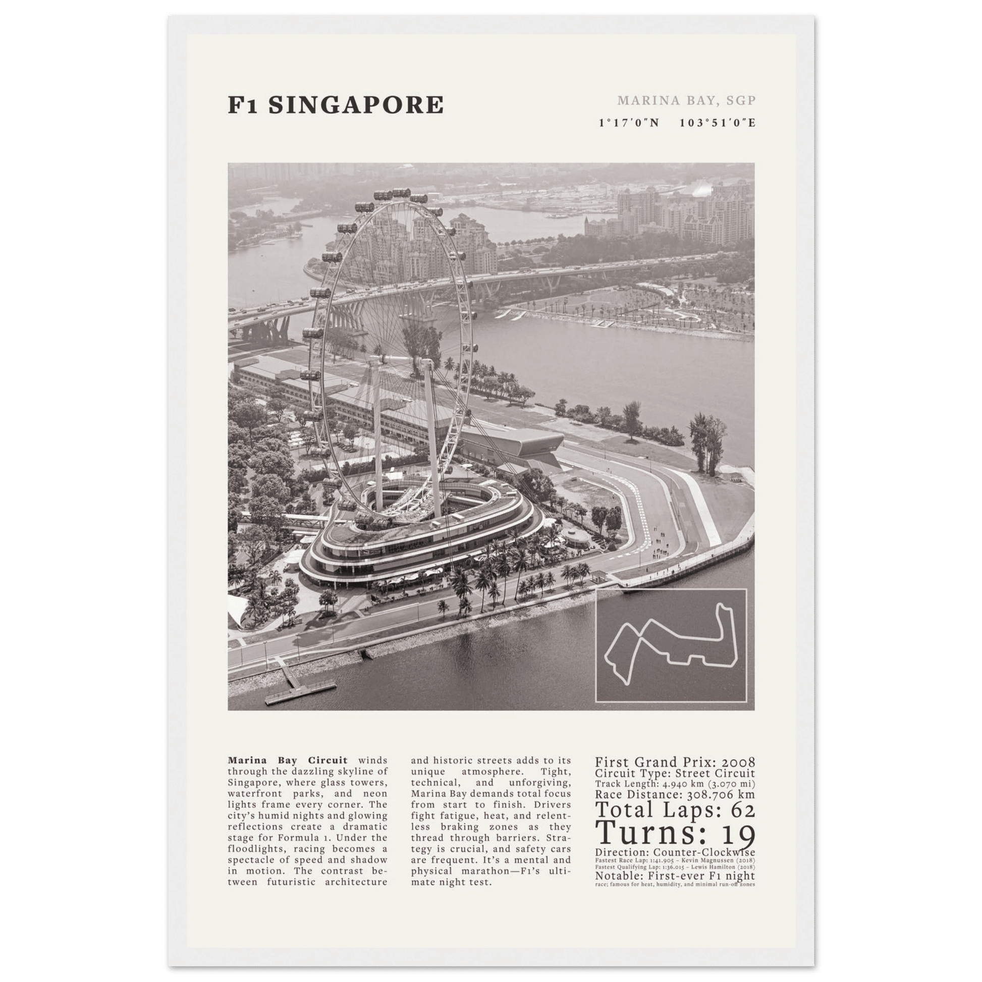 F1 Singapore Poster Black and White – Vintage Marina Bay Night Race Print (Digital & Printed Options) - Evergreen Posters