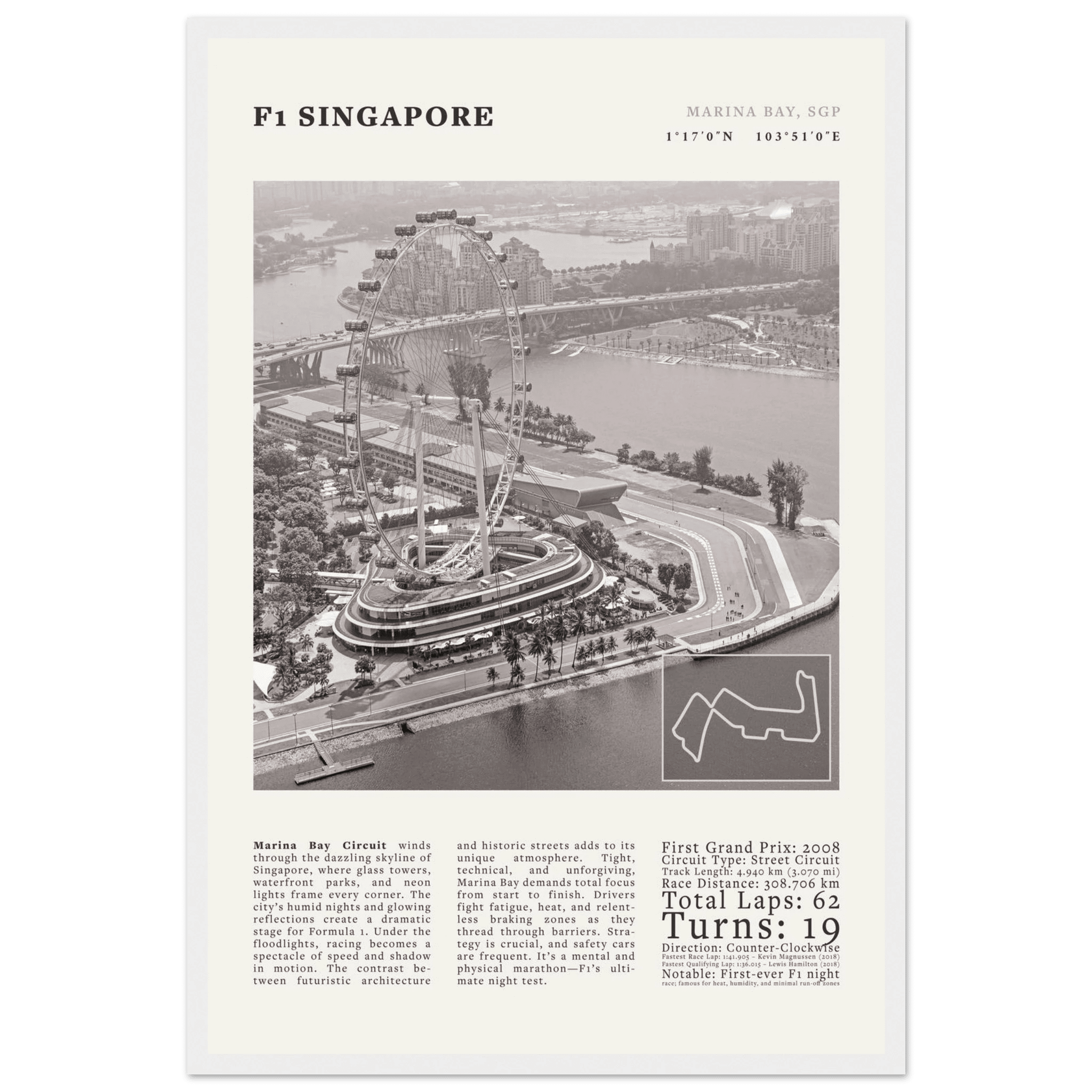 F1 Singapore Poster Black and White – Vintage Marina Bay Night Race Print (Digital & Printed Options) - Evergreen Posters