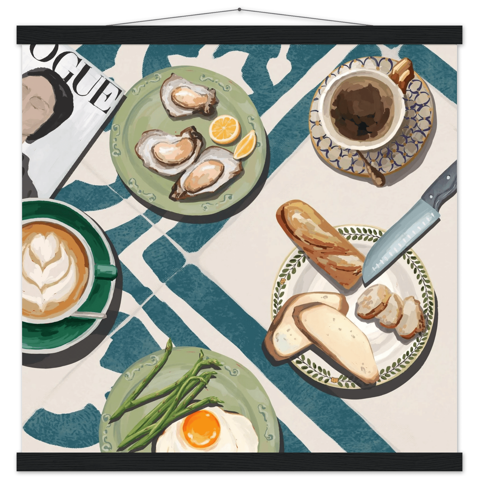 Oysters & Vogue Brunch Poster | Luxury Kitchen Wall Art | Blue Tile Square Print - Evergreen Posters - 24