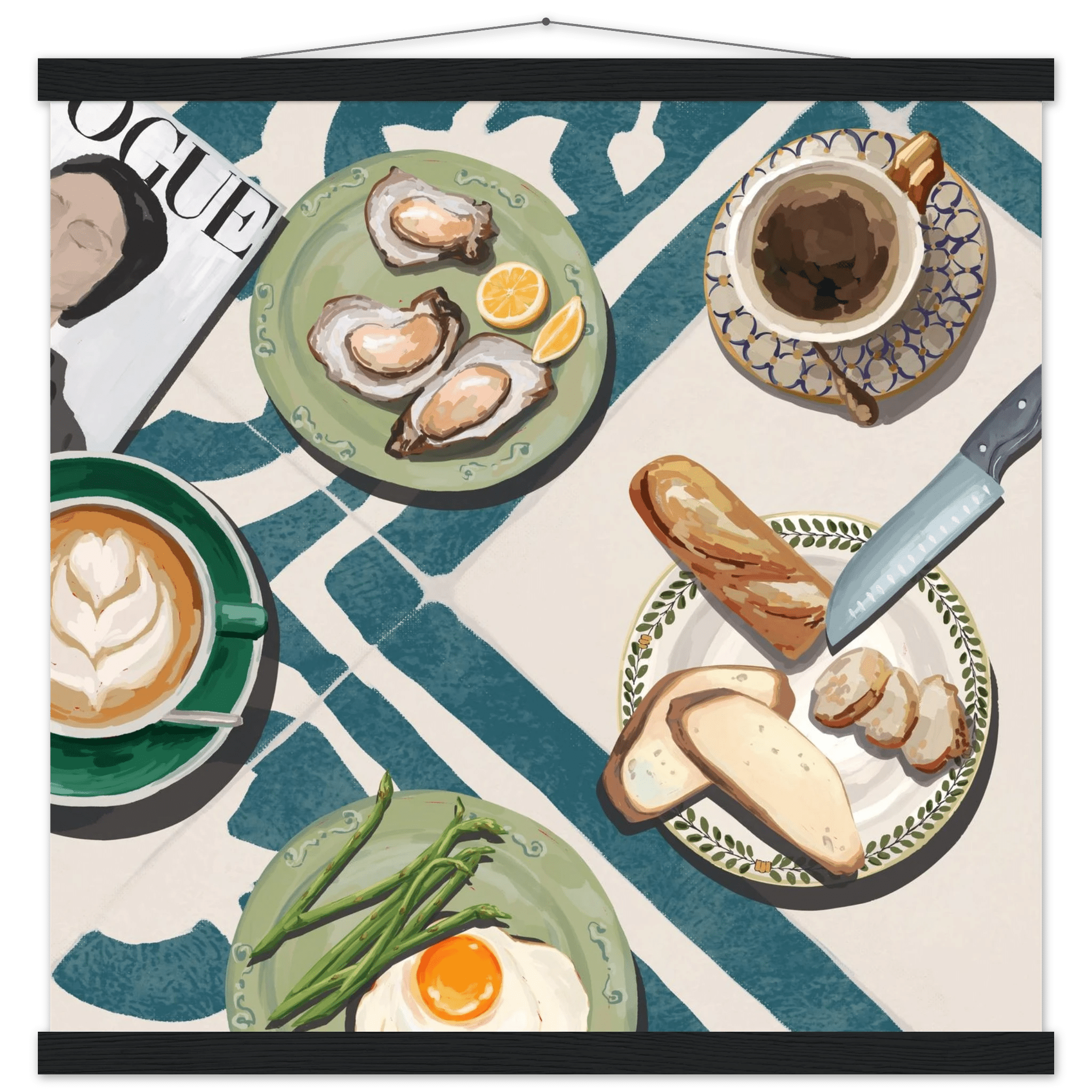 Oysters & Vogue Brunch Poster | Luxury Kitchen Wall Art | Blue Tile Square Print - Evergreen Posters - 24