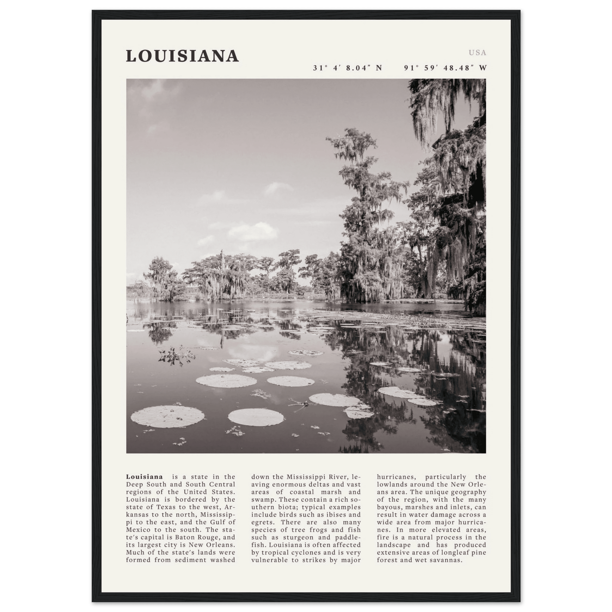Louisiana Poster | Black & White Bayou Wall Art | Southern USA Travel Print Decor - Evergreen Posters
