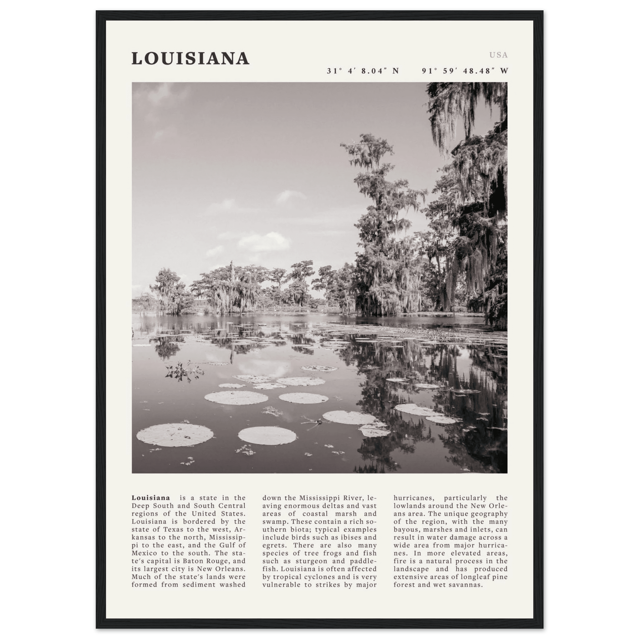Louisiana Poster | Black & White Bayou Wall Art | Southern USA Travel Print Decor - Evergreen Posters