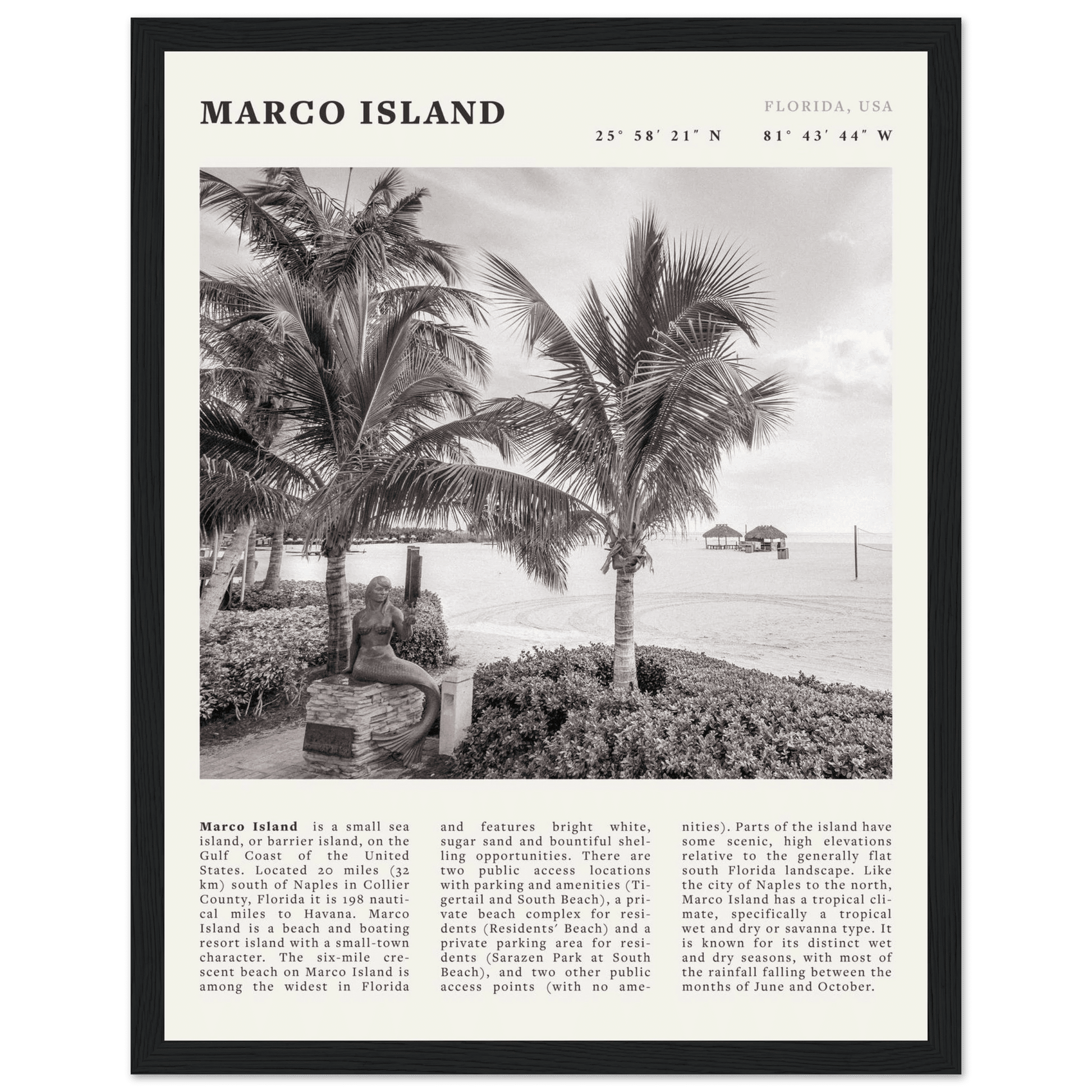 Marco Island Poster | Black & White Florida Beach Wall Art | Coastal Travel Print - Evergreen Posters