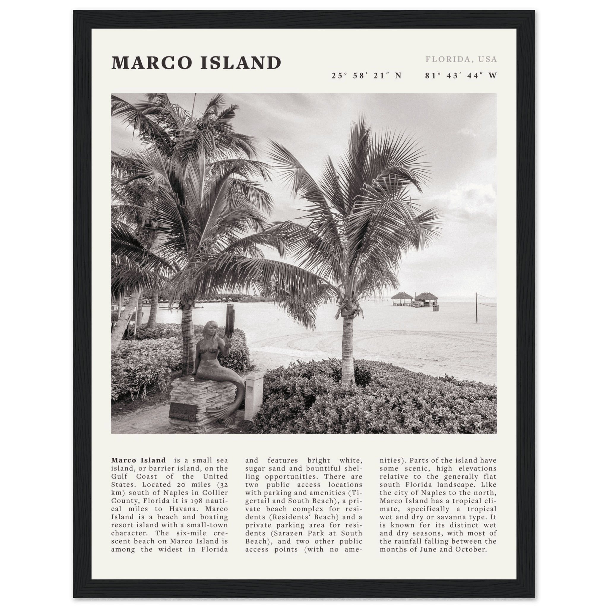Marco Island Poster | Black & White Florida Beach Wall Art | Coastal Travel Print - Evergreen Posters