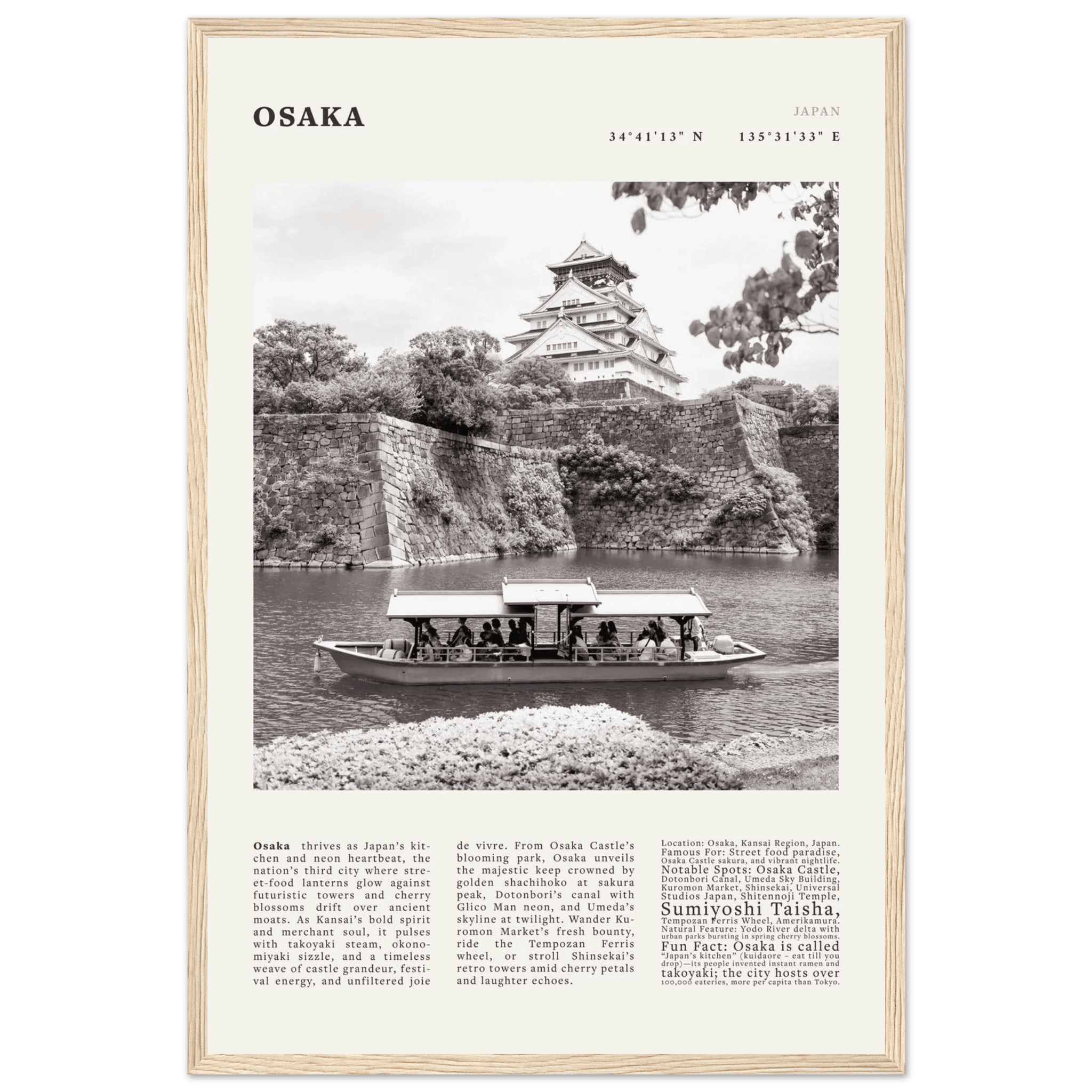 Osaka Poster Black and White – Vintage Osaka Castle Cherry Blossom Print (Digital & Printed Options) - Evergreen Posters