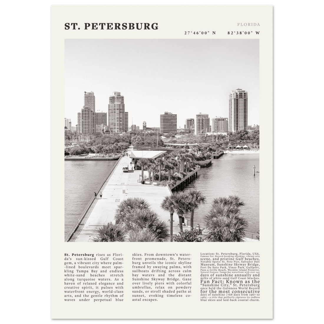 St. Petersburg Florida Poster Black and White – Vintage St Pete Skyline Print (Digital & Printed Options) - Evergreen Posters