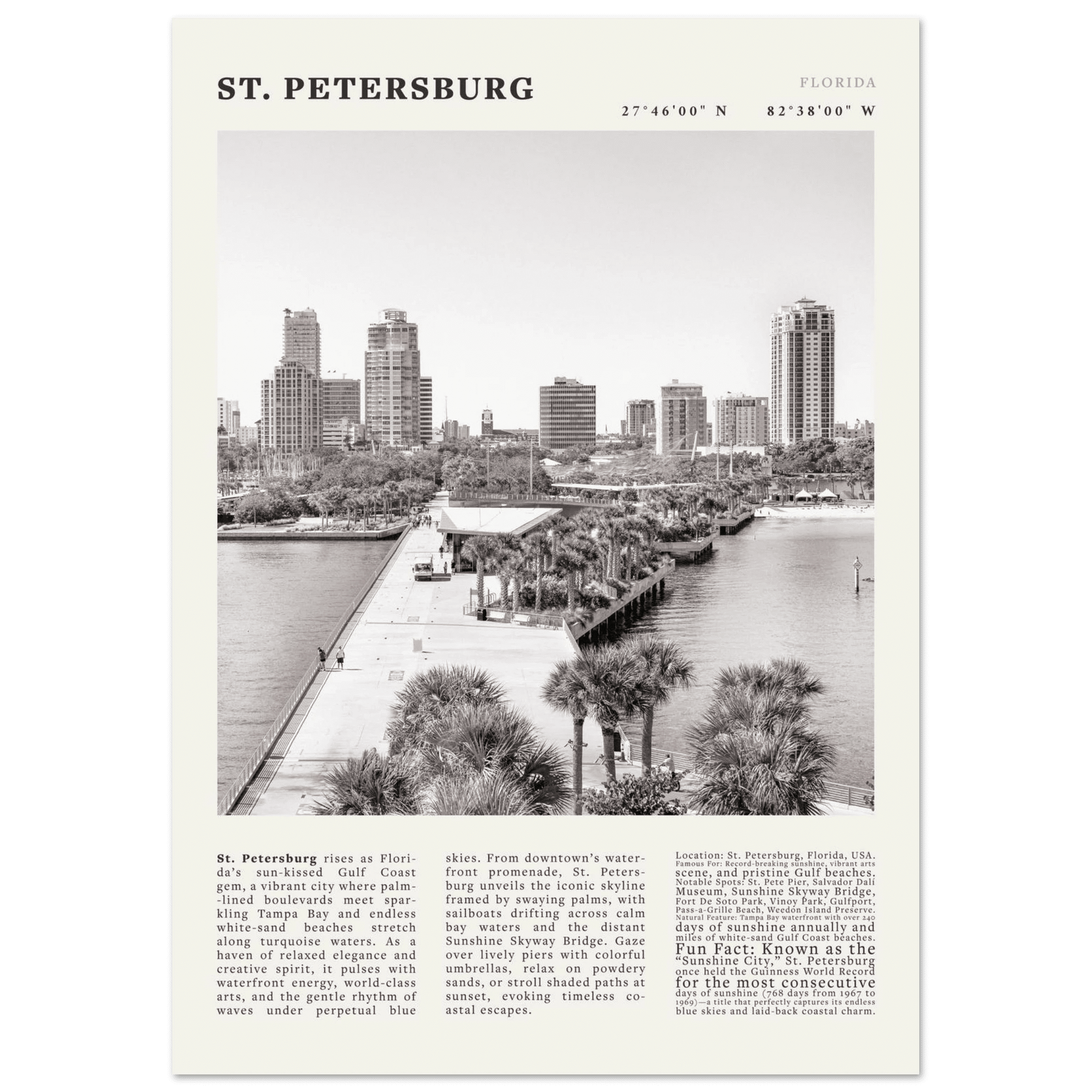 St. Petersburg Florida Poster Black and White – Vintage St Pete Skyline Print (Digital & Printed Options) - Evergreen Posters