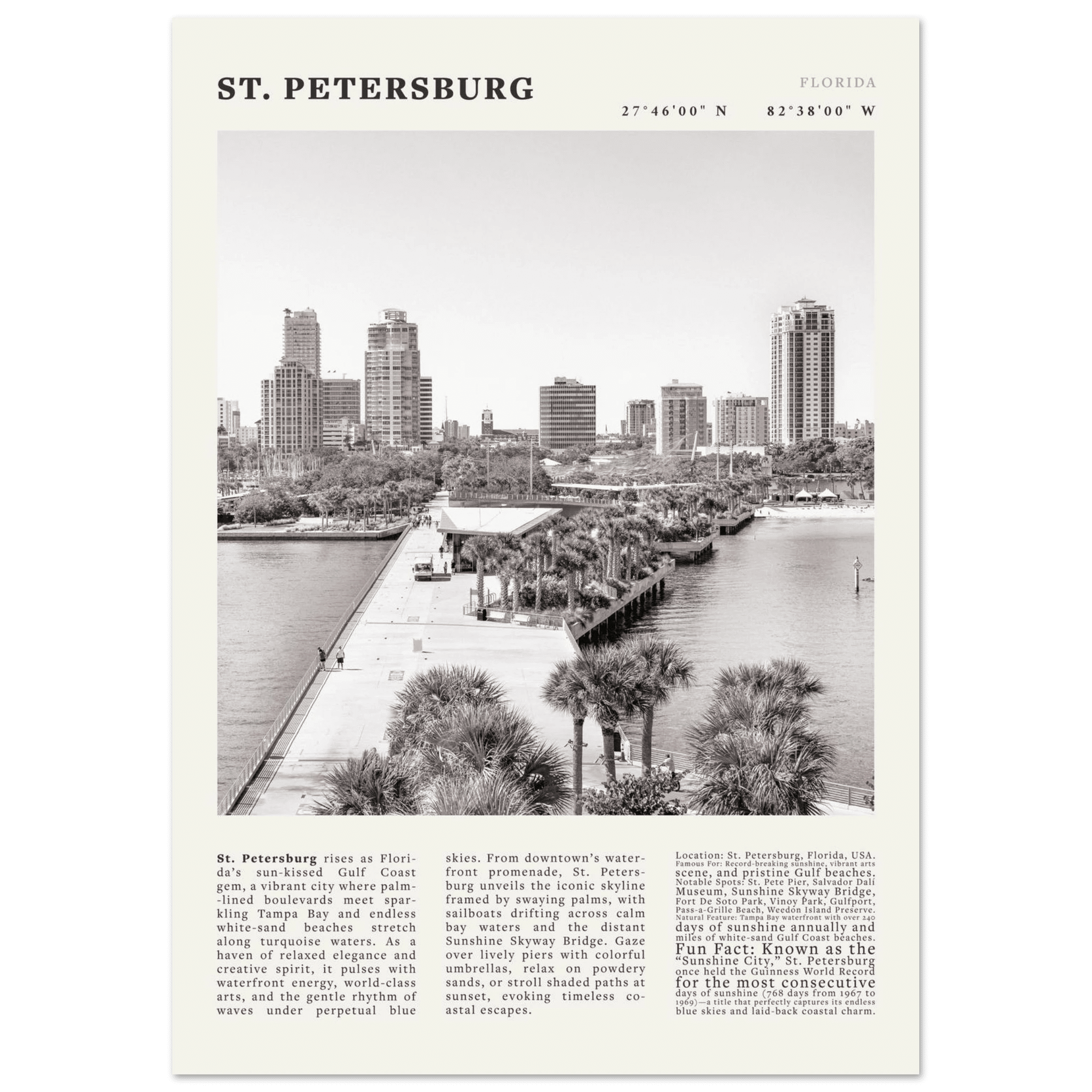 St. Petersburg Florida Poster Black and White – Vintage St Pete Skyline Print (Digital & Printed Options) - Evergreen Posters
