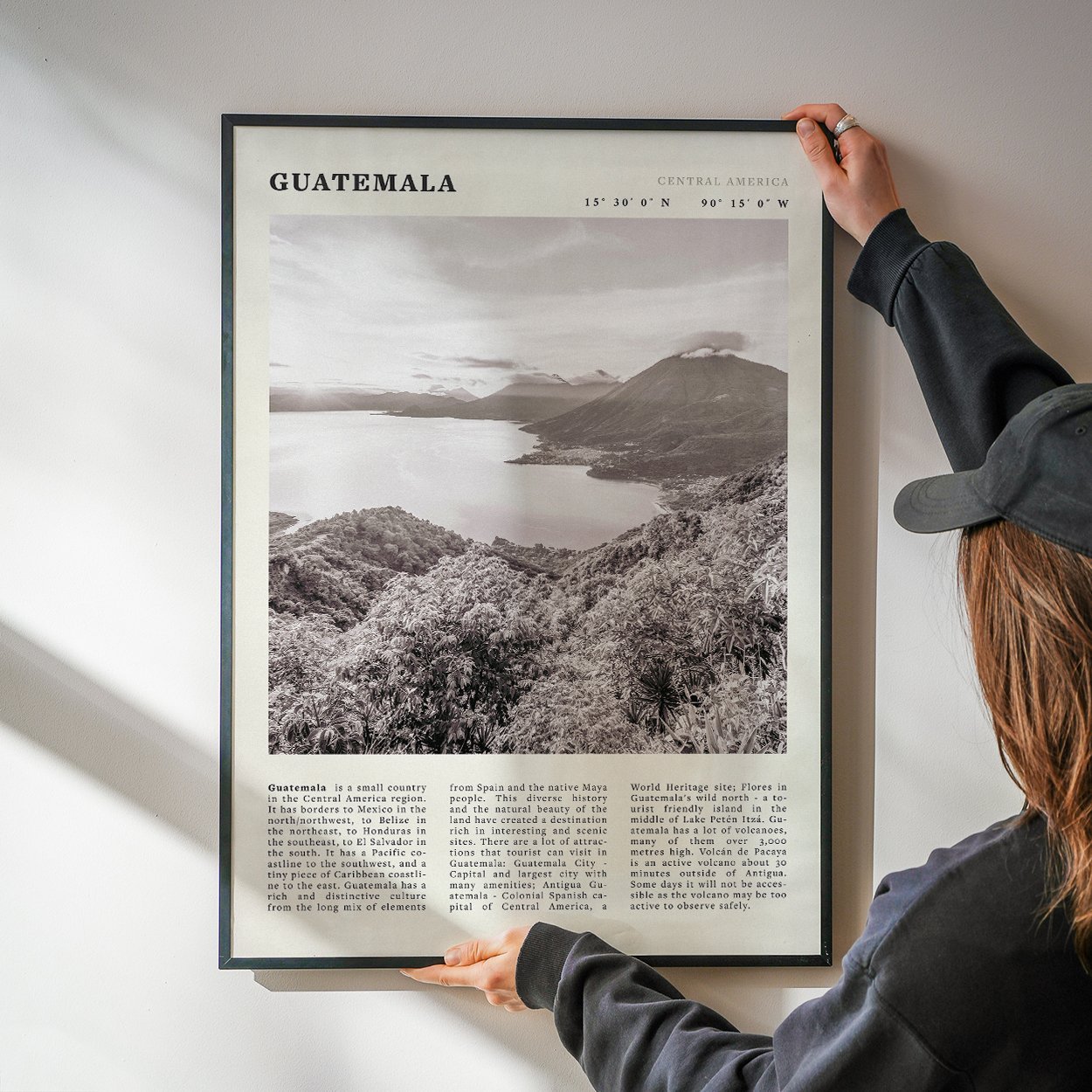 Guatemala Poster | Black & White Lake Atitlan Wall Art | Central America Travel Print - Evergreen Posters