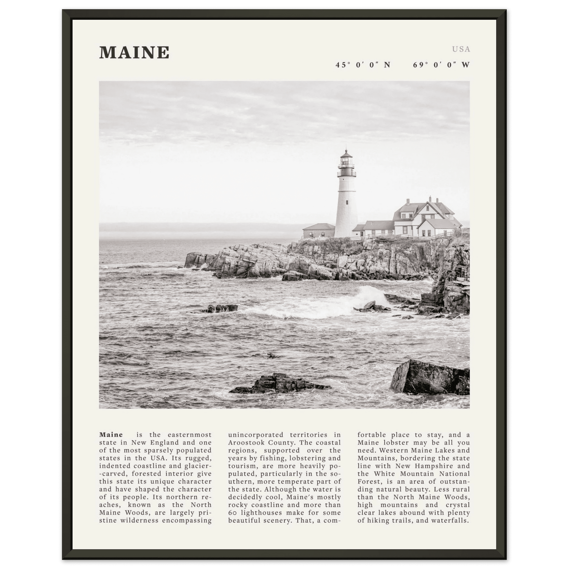 Maine Poster | Black & White Lighthouse Wall Art | New England Coastal Travel Print - Evergreen Posters