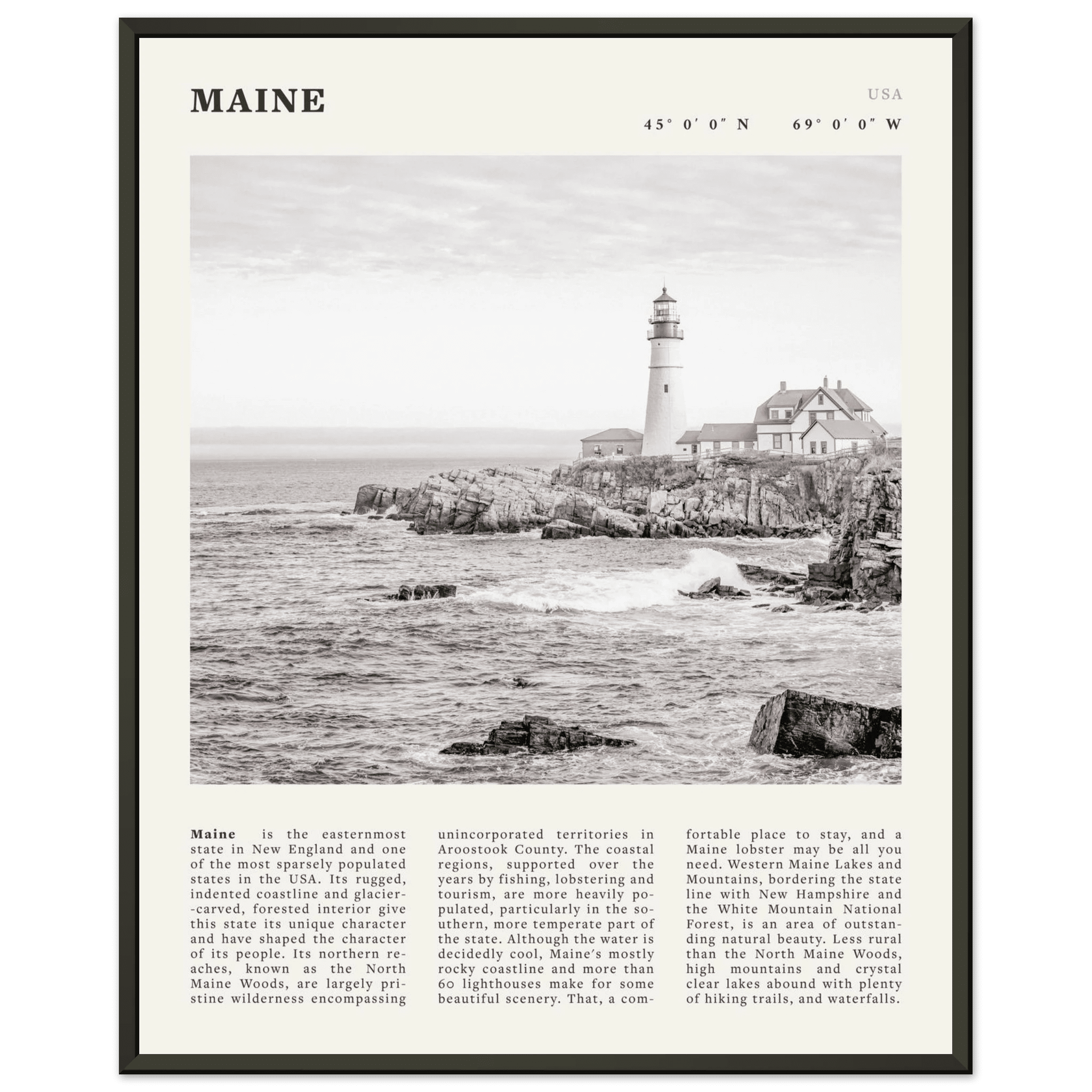 Maine Poster | Black & White Lighthouse Wall Art | New England Coastal Travel Print - Evergreen Posters