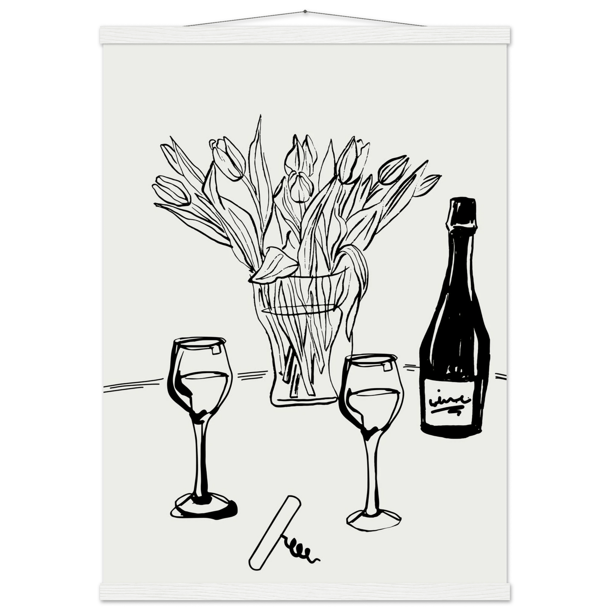 Wine & Tulips Print | Black Line Art Wine Bottle Wall Art | Minimalist Kitchen Poster - Evergreen Posters